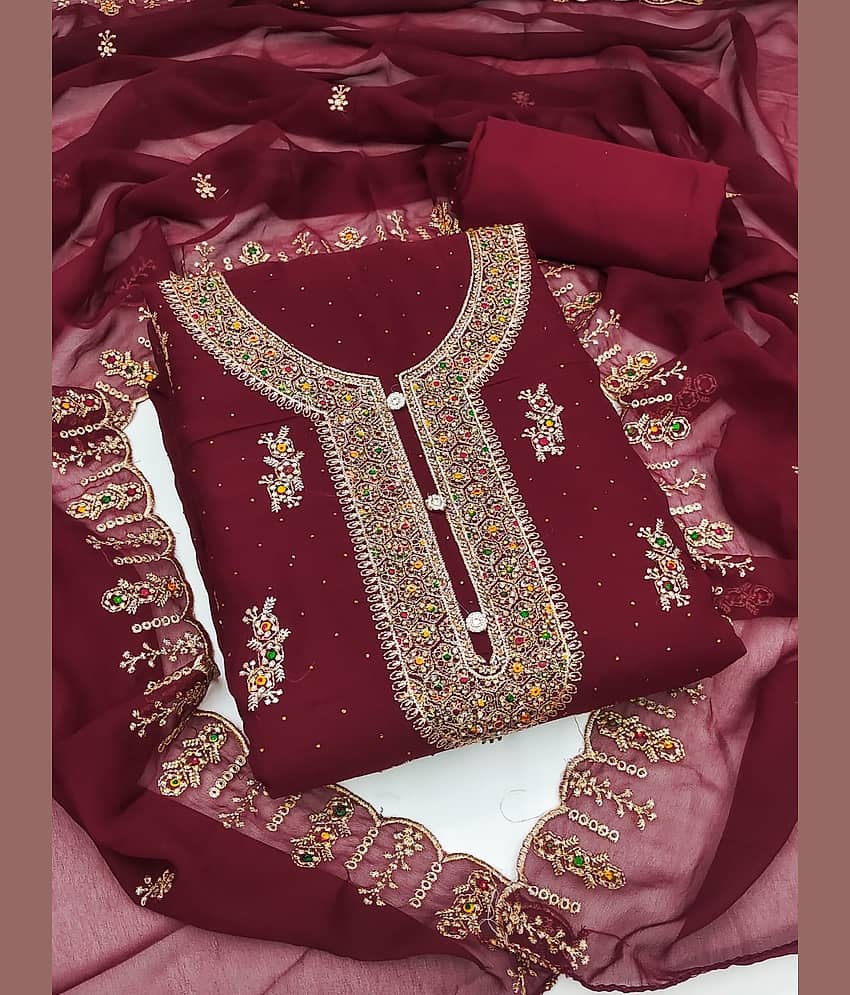 Rangtulika Ethnics Unstitched Georgette Embroidered Dress Material - Maroon ( Pack of 1 ) - Unstitched Fabrics | Buy online on ZillyBuy