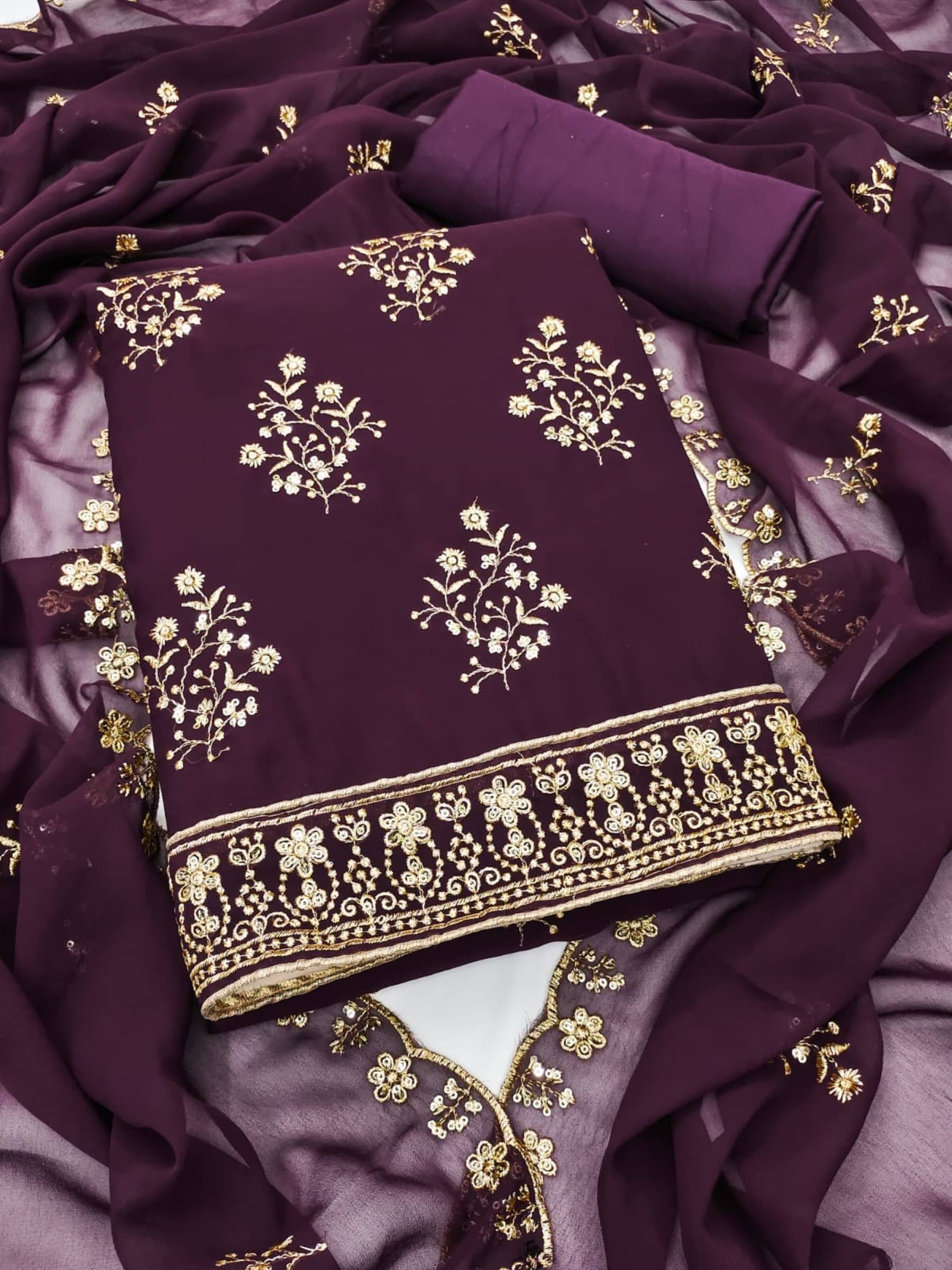     			Rangtulika Ethnics Unstitched Georgette Embroidered Dress Material - Purple ( Pack of 1 )
