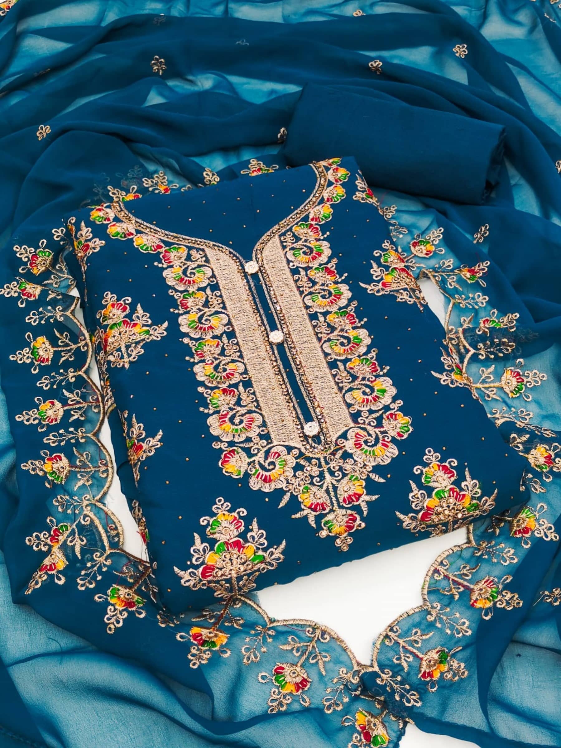 Rangtulika Ethnics Unstitched Georgette Embroidered Dress Material - Blue ( Pack of 1 ) - Unstitched Fabrics | Buy online on ZillyBuy
