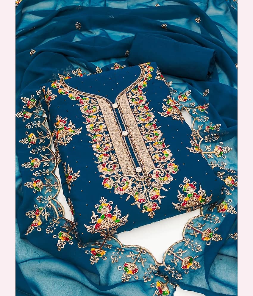 Rangtulika Ethnics Unstitched Georgette Embroidered Dress Material - Blue ( Pack of 1 ) - Unstitched Fabrics | Buy online on ZillyBuy