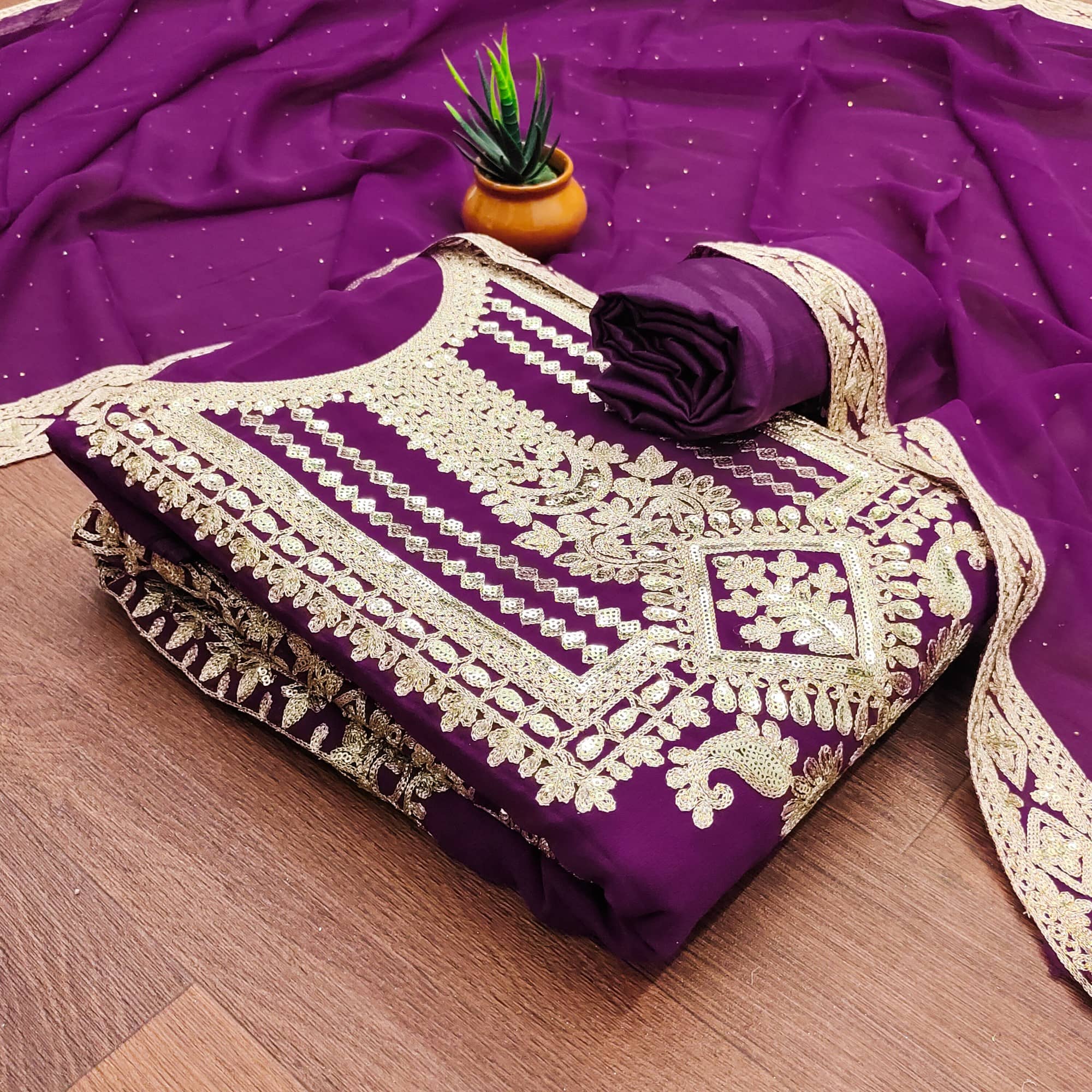 Rangtulika Ethnics Unstitched Georgette Embroidered Dress Material - Purple ( Pack of 1 ) - Unstitched Fabrics | Buy online on ZillyBuy