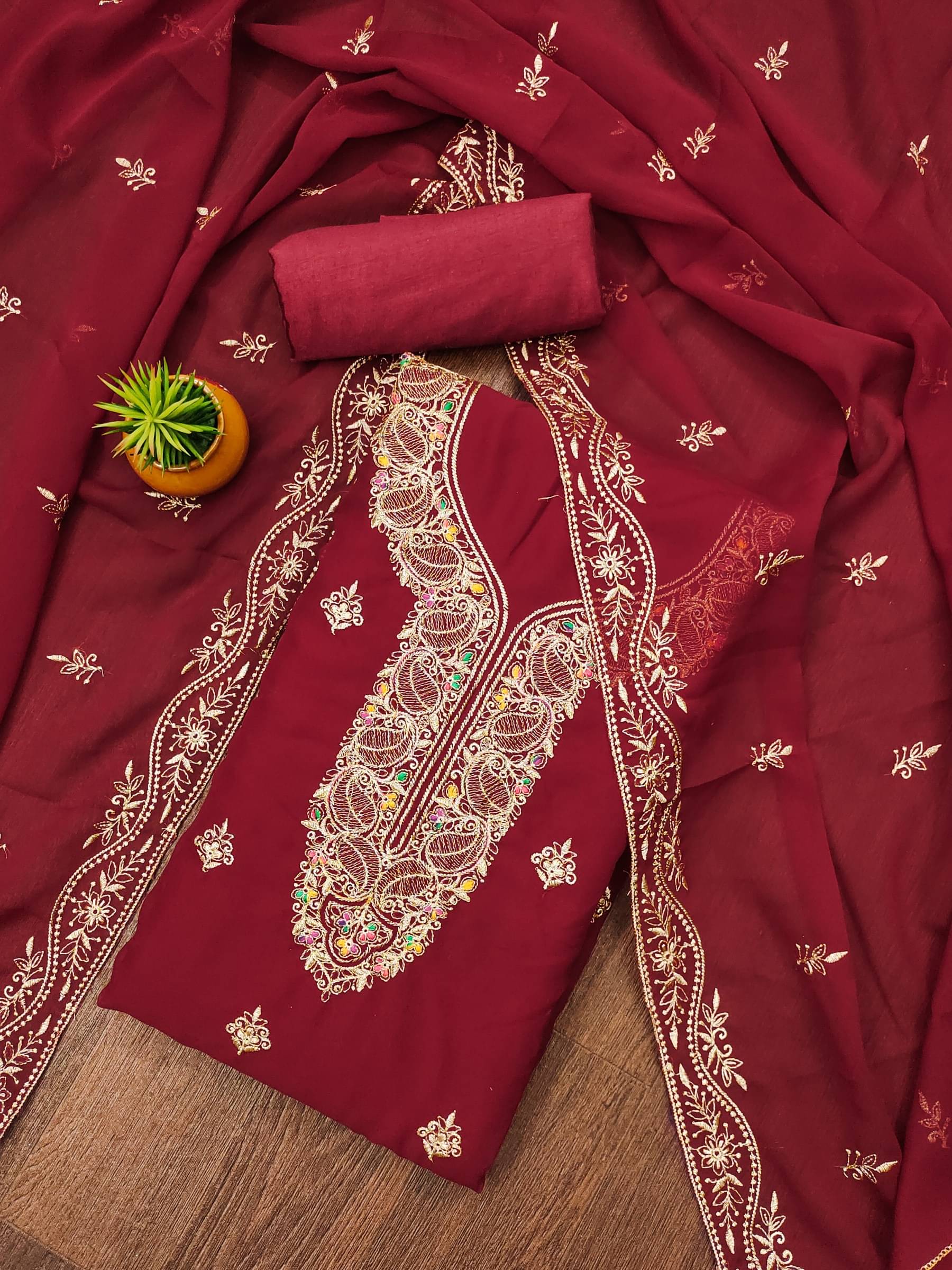     			Rangtulika Ethnics Unstitched Georgette Embroidered Dress Material - Red ( Pack of 1 )
