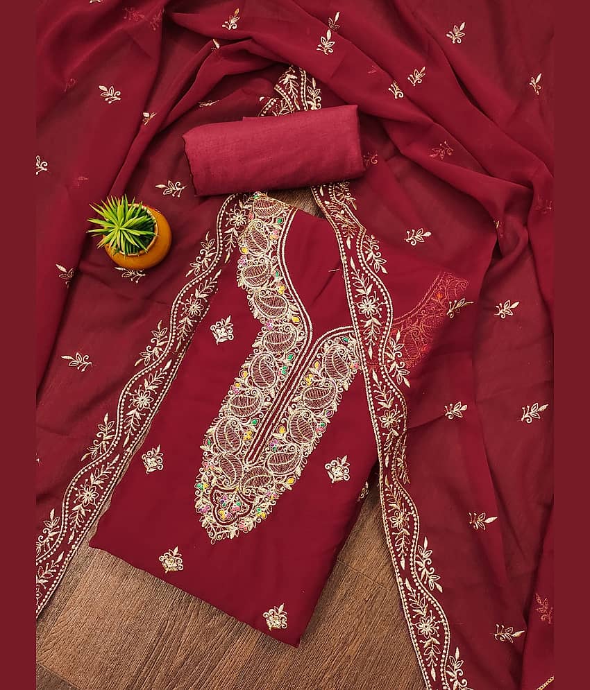 Rangtulika Ethnics Unstitched Georgette Embroidered Dress Material - Red ( Pack of 1 ) - Unstitched Fabrics | Buy online on ZillyBuy