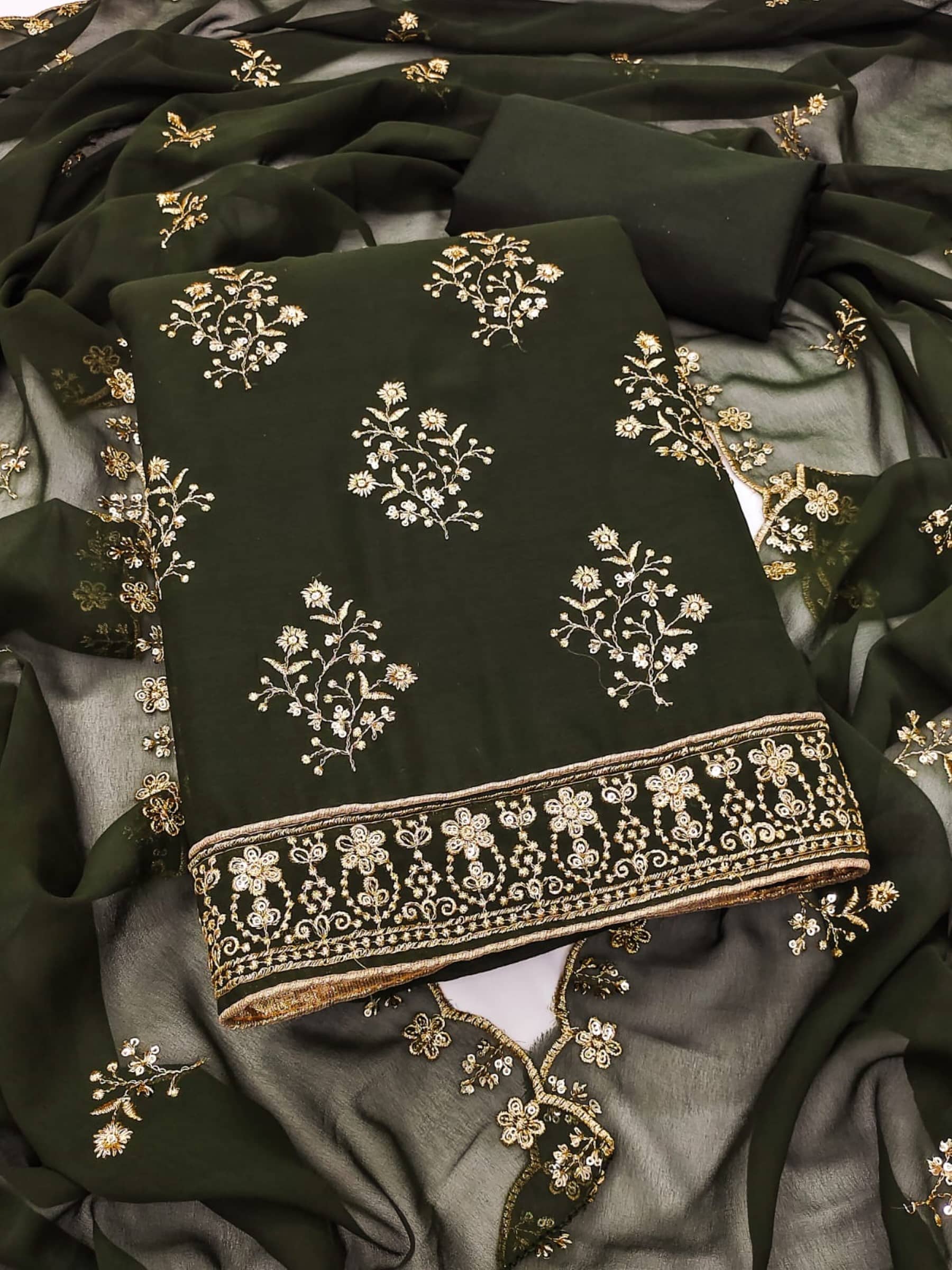 Rangtulika Ethnics Unstitched Georgette Embroidered Dress Material - Green ( Pack of 1 ) - Unstitched Fabrics | Buy online on ZillyBuy