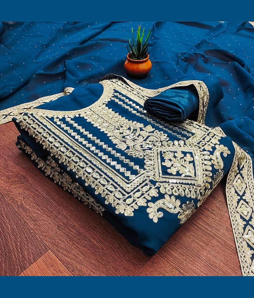 Rangtulika Ethnics Unstitched Georgette Embroidered Dress Material - Blue ( Pack of 1 ) - Unstitched Fabrics | Buy online on ZillyBuy