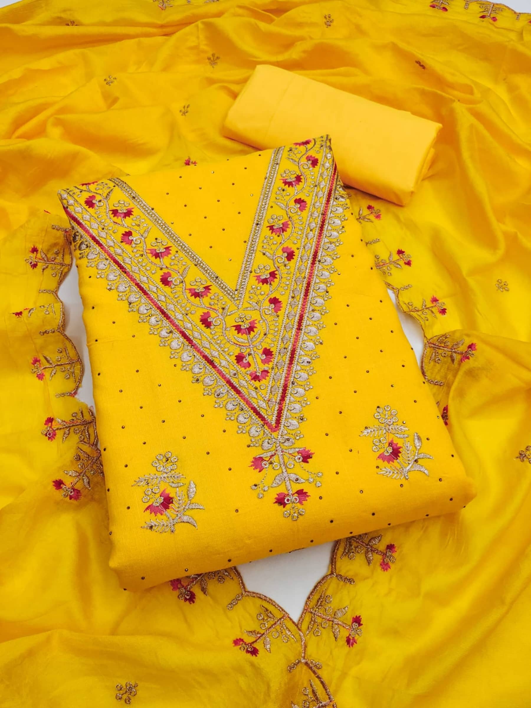 Rangtulika Ethnics Unstitched Georgette Embroidered Dress Material - Yellow ( Pack of 1 ) - Unstitched Fabrics | Buy online on ZillyBuy
