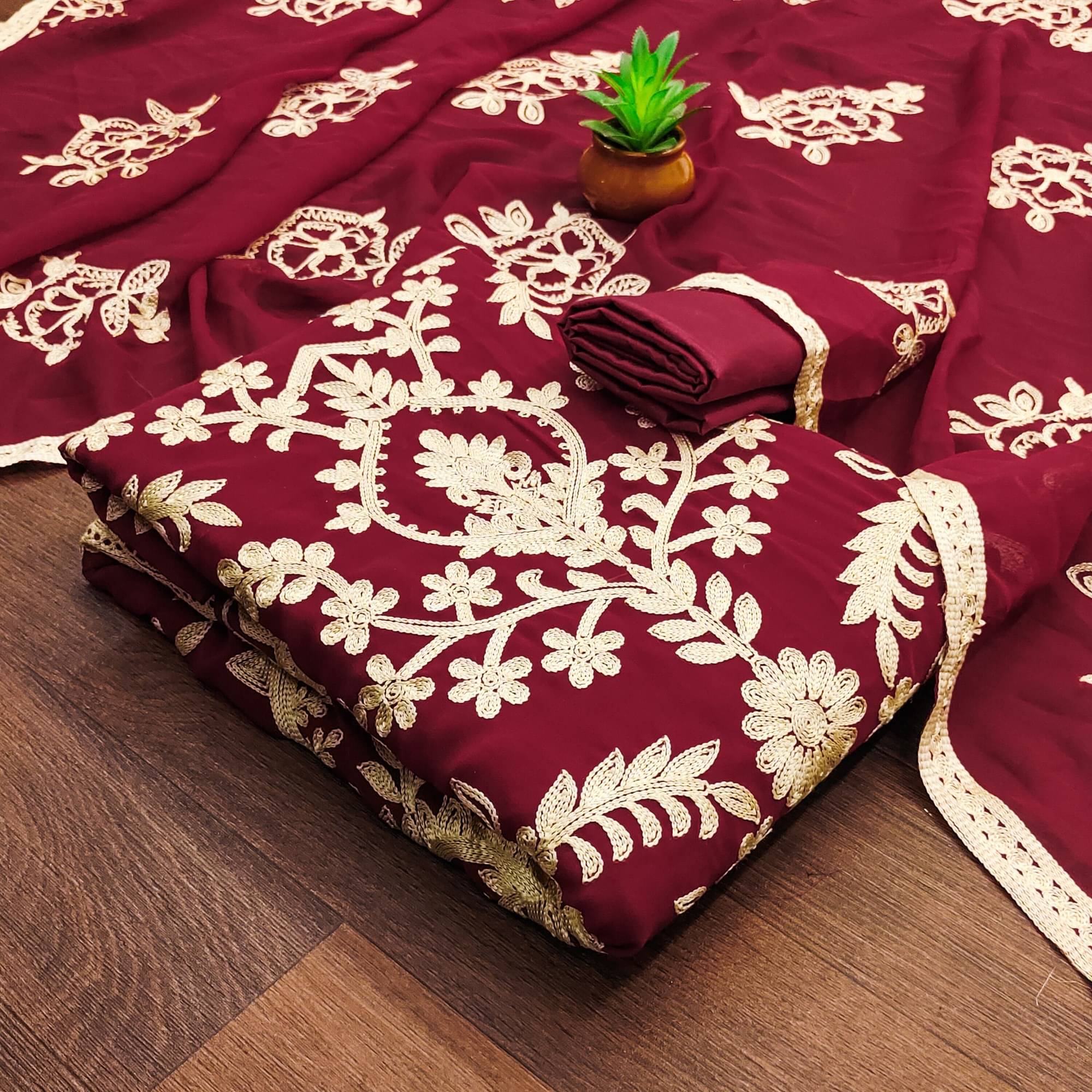     			Rangtulika Ethnics Unstitched Georgette Embroidered Dress Material - Red ( Pack of 1 )