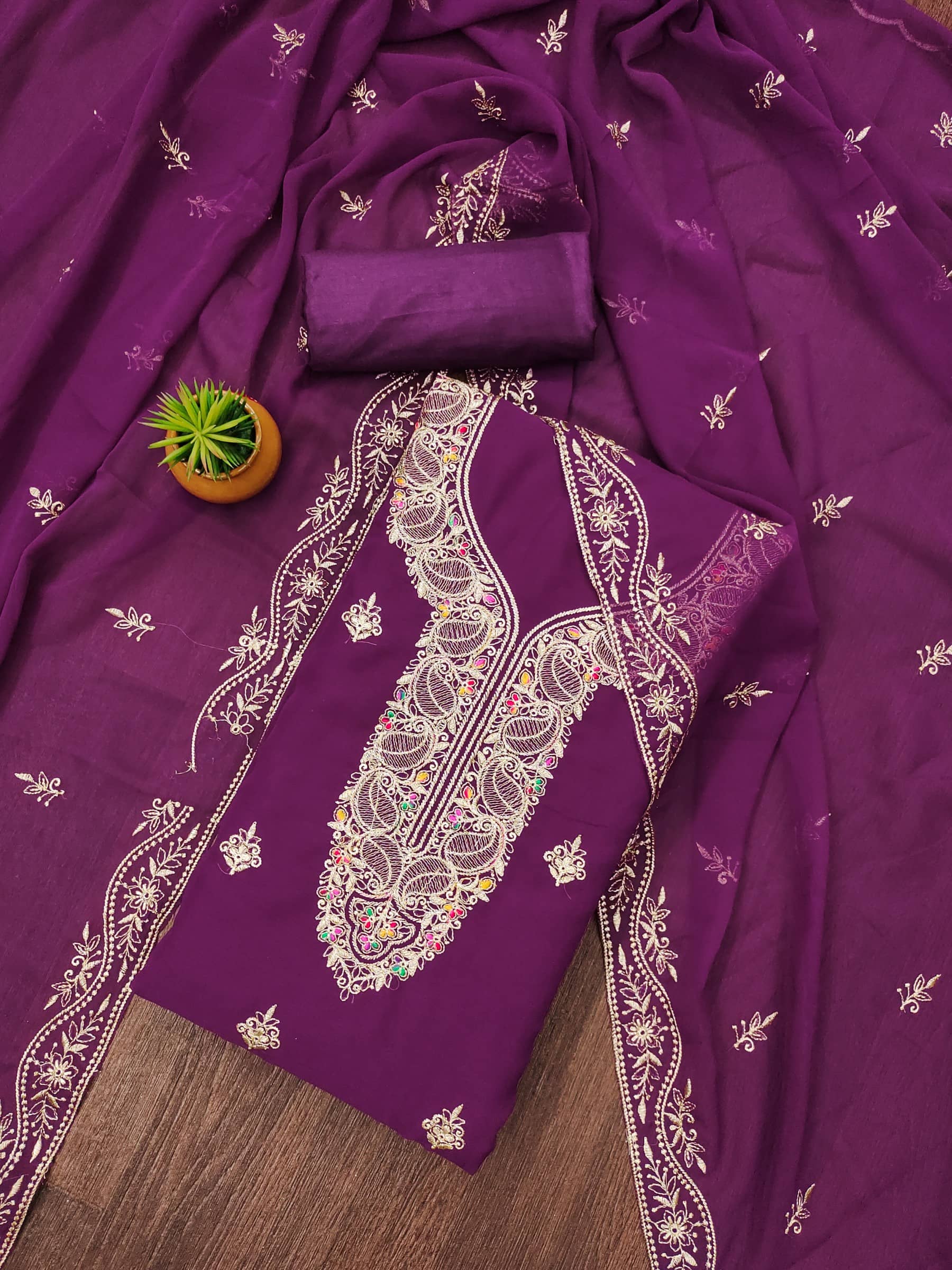 Rangtulika Ethnics Unstitched Georgette Embroidered Dress Material - Purple ( Pack of 1 ) - Unstitched Fabrics | Buy online on ZillyBuy