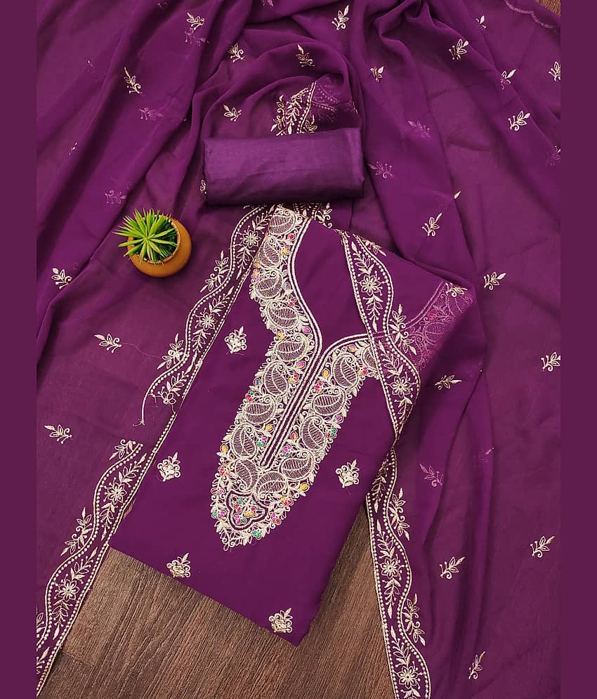 Rangtulika Ethnics Unstitched Georgette Embroidered Dress Material - Purple ( Pack of 1 ) - Unstitched Fabrics | Buy online on ZillyBuy