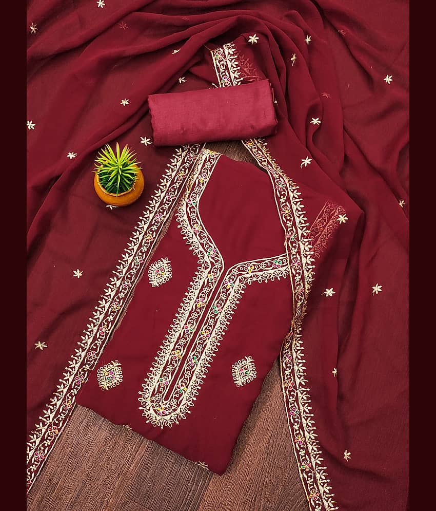 Rangtulika Ethnics Unstitched Georgette Embroidered Dress Material - Red ( Pack of 1 ) - Unstitched Fabrics | Buy online on ZillyBuy