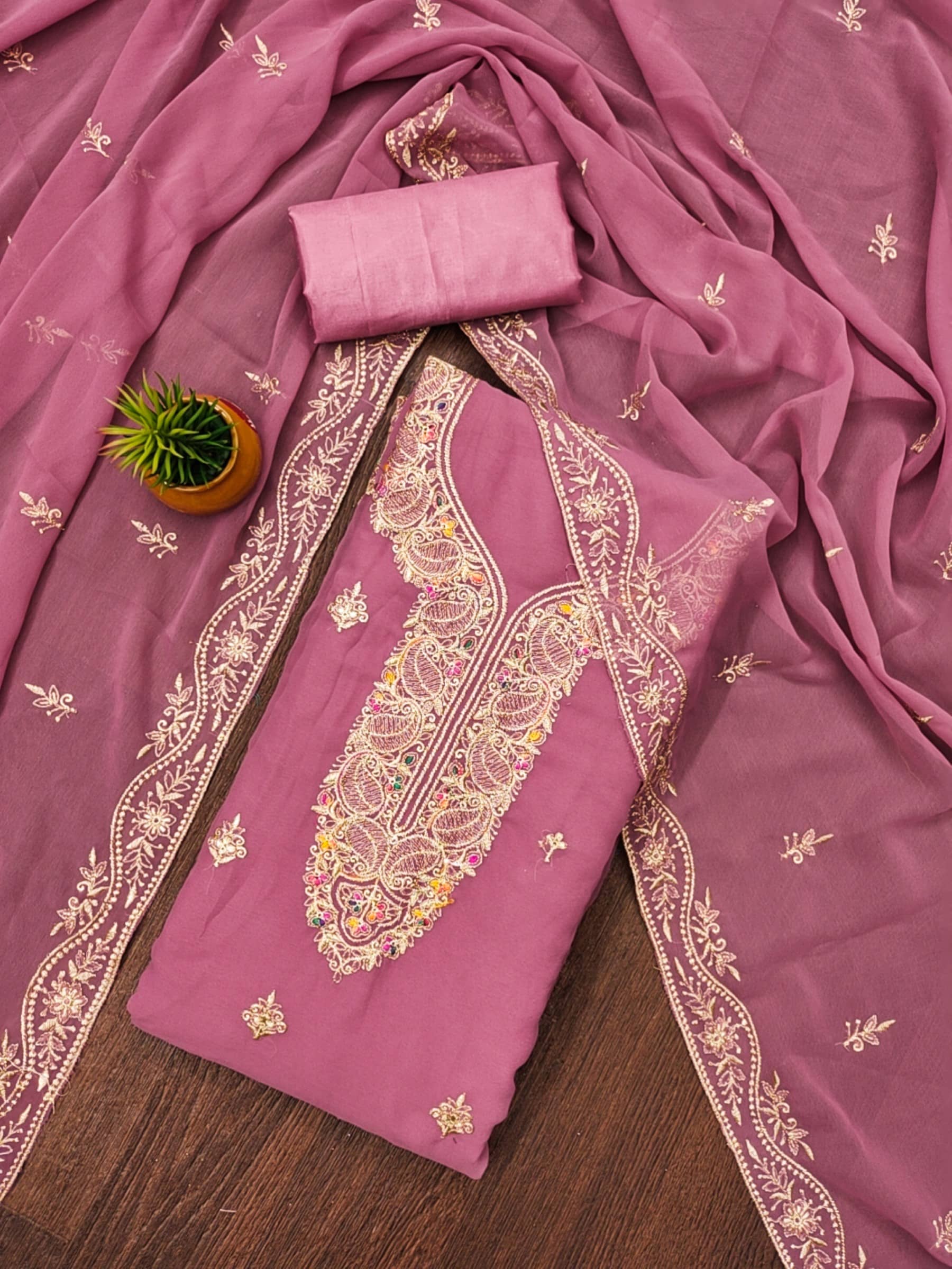 Rangtulika Ethnics Unstitched Georgette Embroidered Dress Material - Pink ( Pack of 1 ) - Unstitched Fabrics | Buy online on ZillyBuy