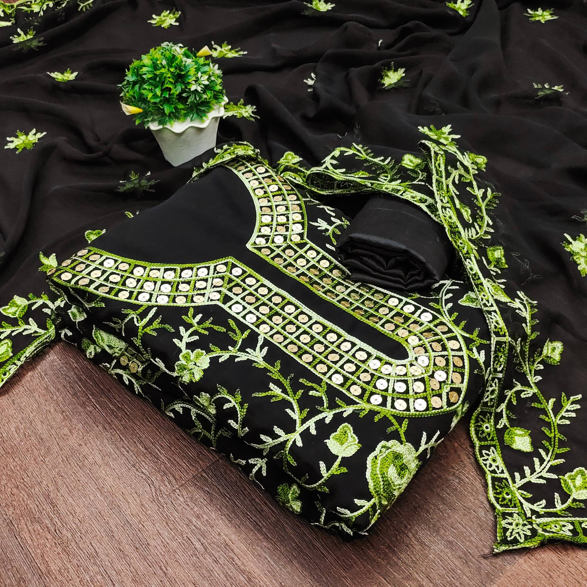     			Rangtulika Ethnics Unstitched Georgette Embroidered Dress Material - Green ( Pack of 1 )