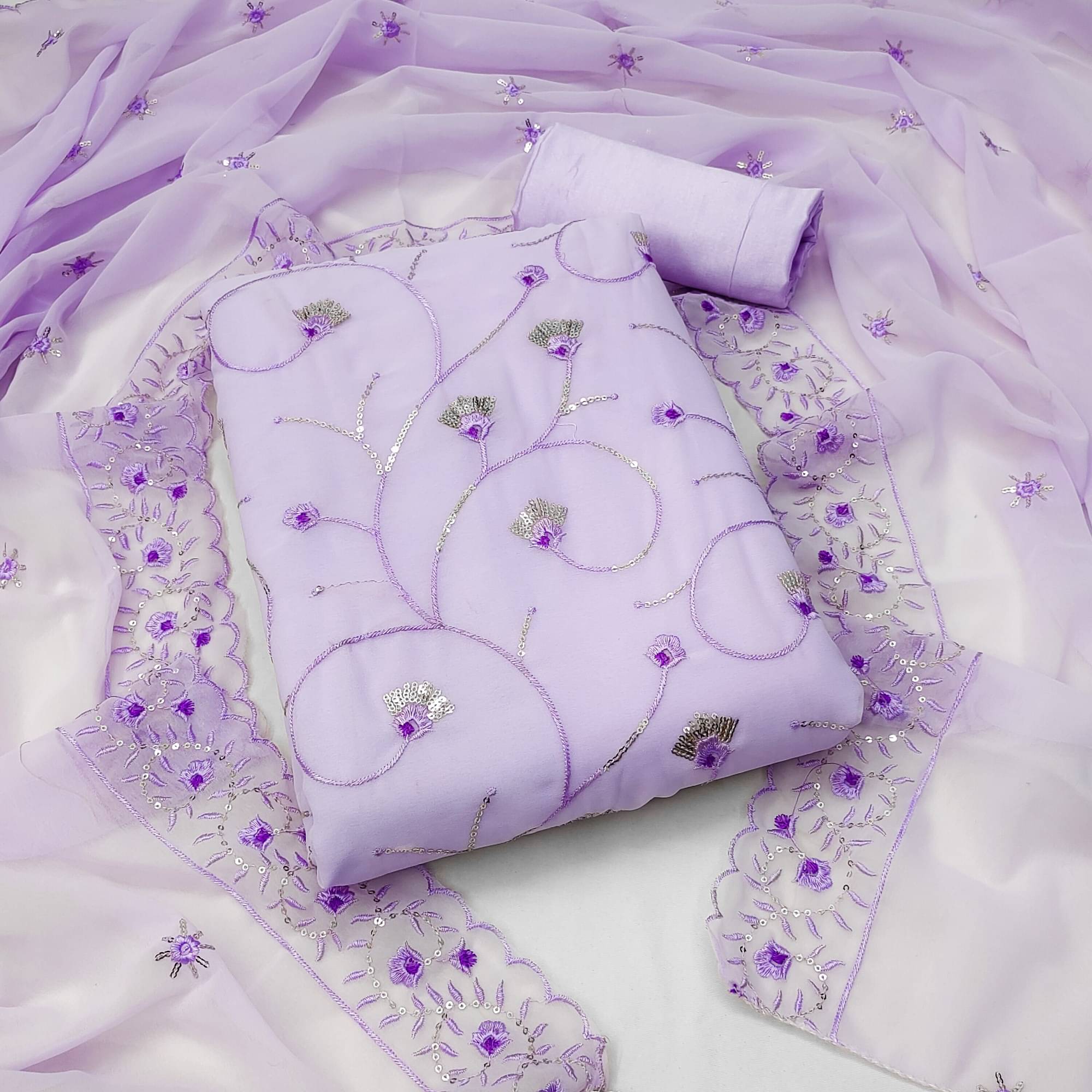     			Rangtulika Ethnics Unstitched Georgette Embroidered Dress Material - Lavender ( Pack of 1 )