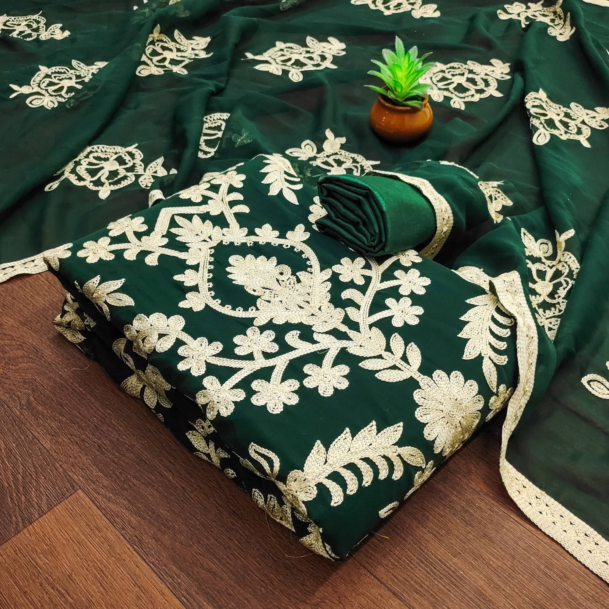 Rangtulika Ethnics Unstitched Georgette Embroidered Dress Material - Green ( Pack of 1 ) Rangtulika Ethnics Unstitched Georgette Embroidered Dress Material - Green ( Pack of 1 )