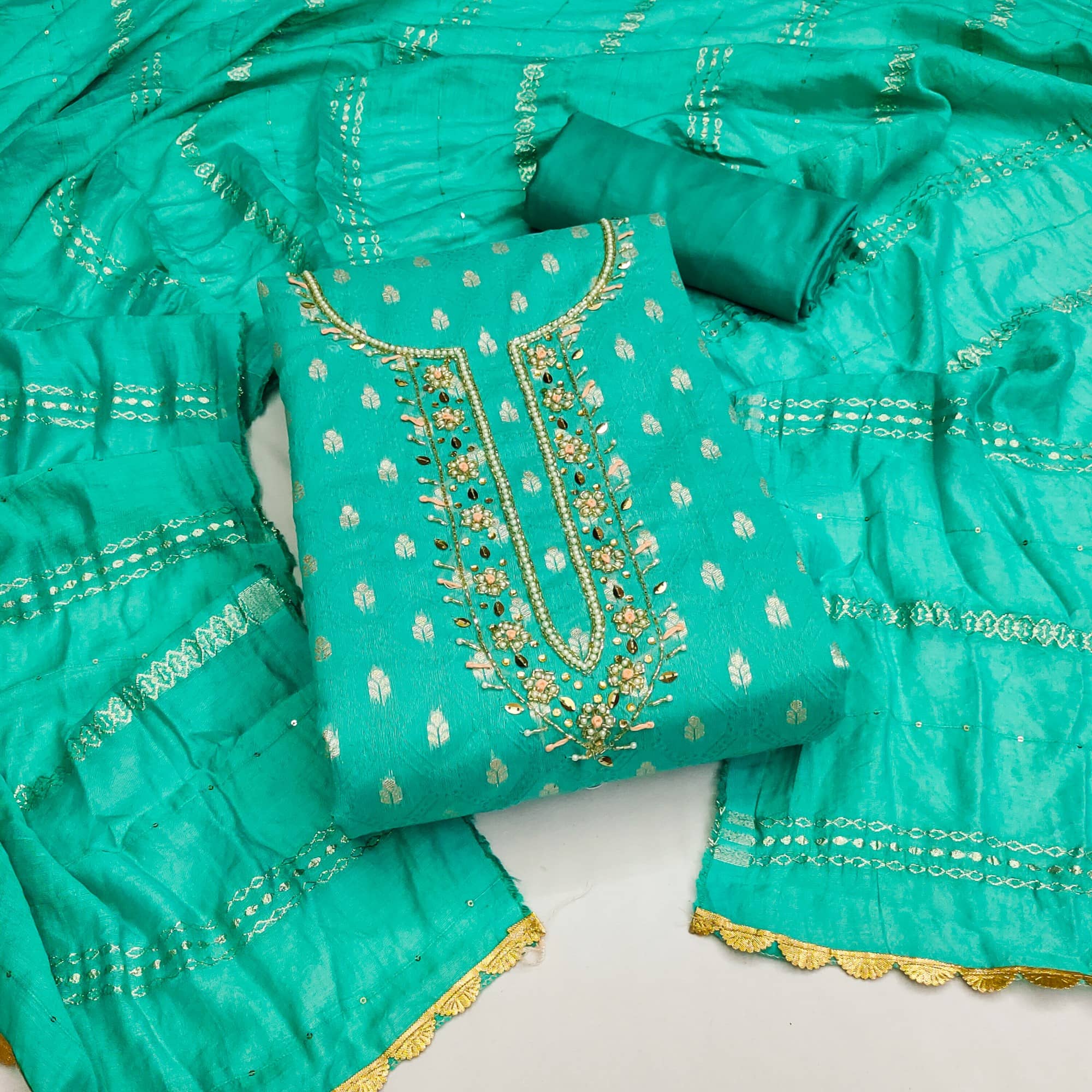 Rangtulika Ethnics Unstitched Jacquard Applique Dress Material - Blue ( Pack of 1 ) - Unstitched Fabrics | Buy online on ZillyBuy