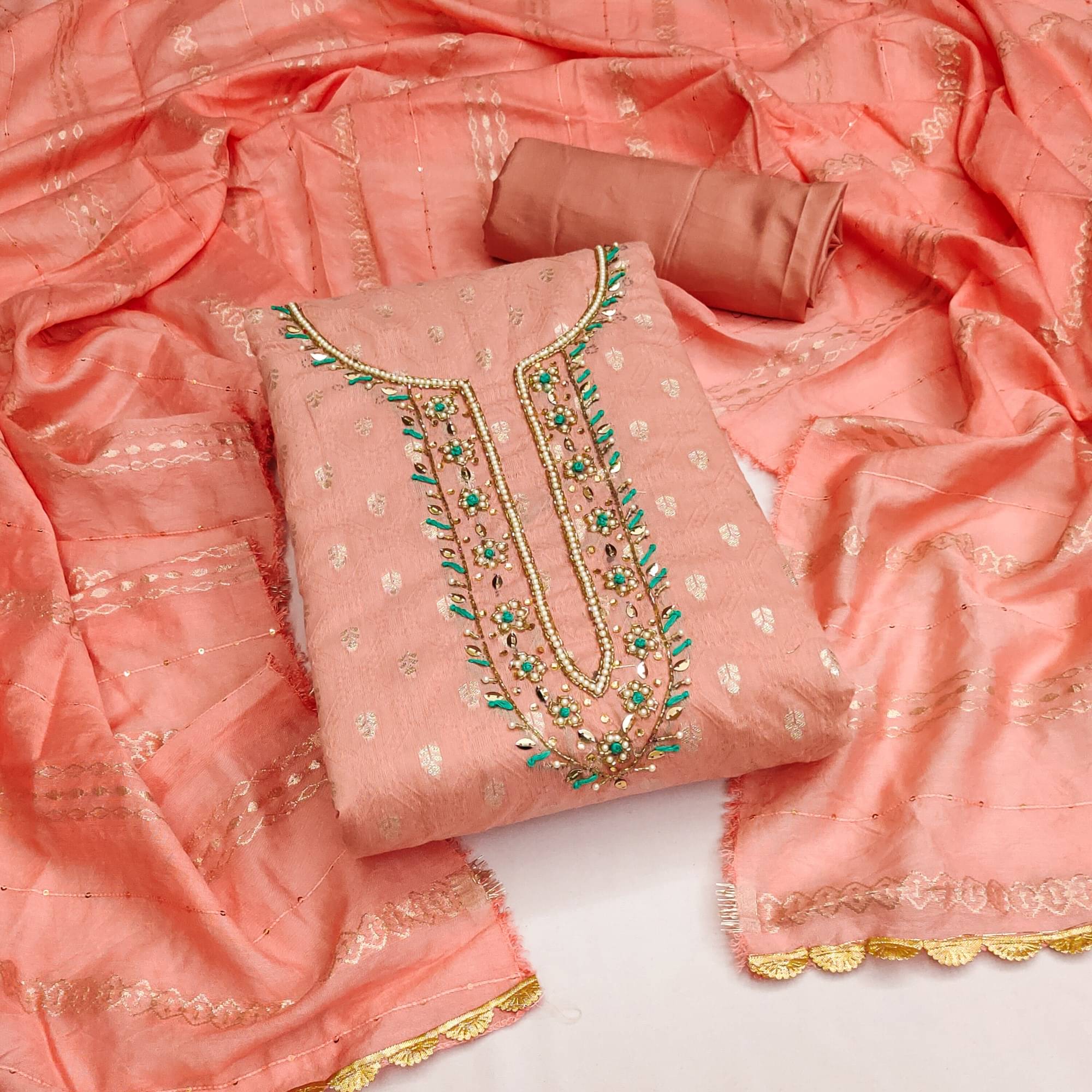 Rangtulika Ethnics Unstitched Jacquard Applique Dress Material - Yellow ( Pack of 1 ) Rangtulika Ethnics Unstitched Jacquard Applique Dress Material - Yellow ( Pack of 1 )