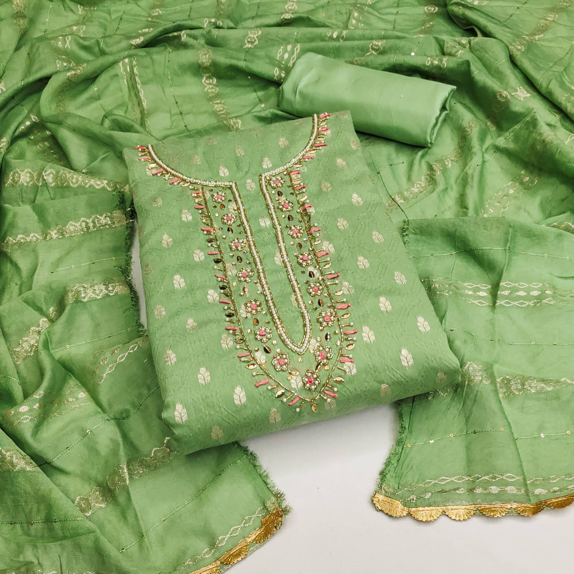 Rangtulika Ethnics Unstitched Jacquard Applique Dress Material - Green ( Pack of 1 ) Rangtulika Ethnics Unstitched Jacquard Applique Dress Material - Green ( Pack of 1 )
