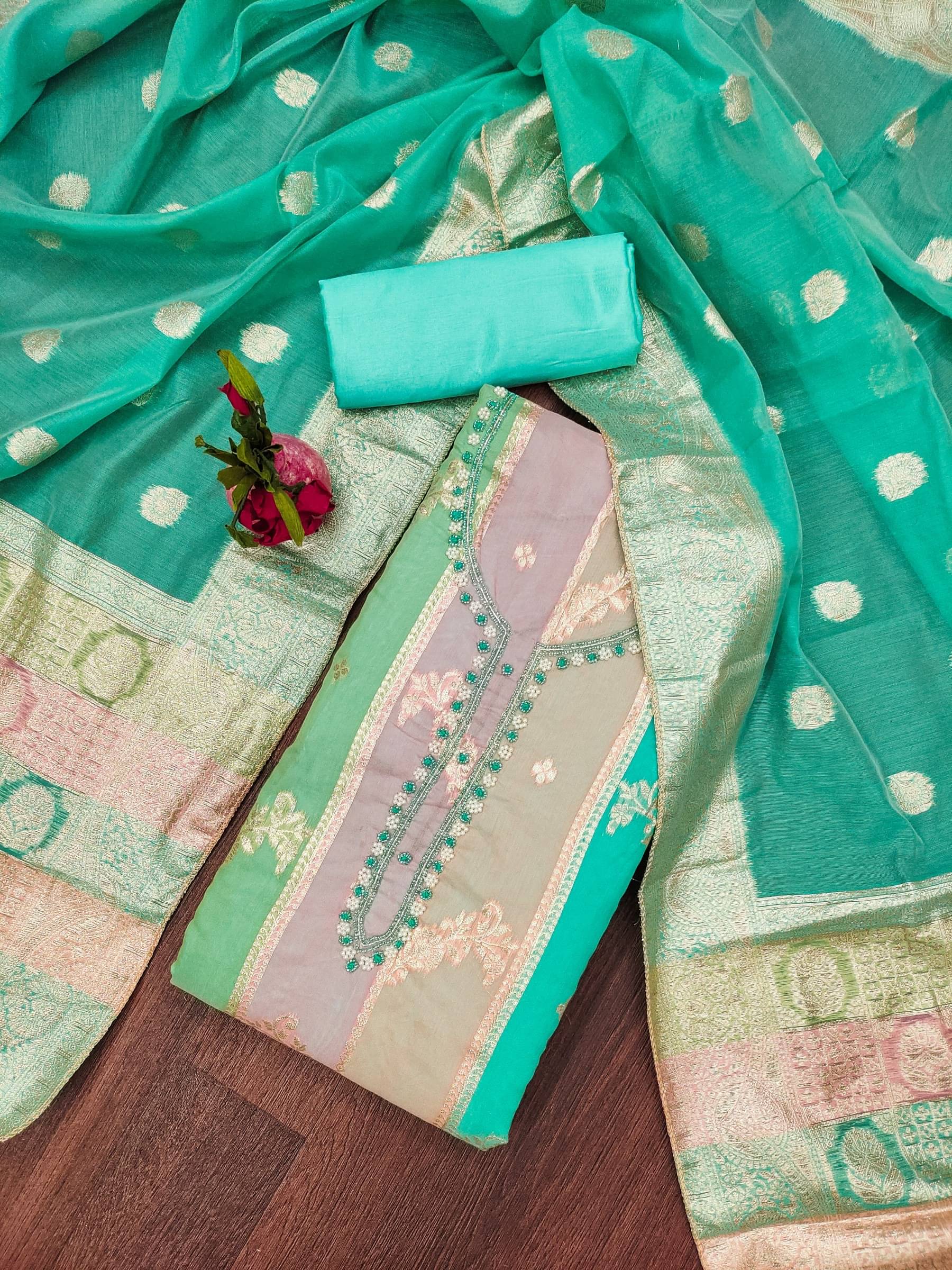     			Rangtulika Ethnics Unstitched Jacquard Applique Dress Material - Teal ( Pack of 1 )