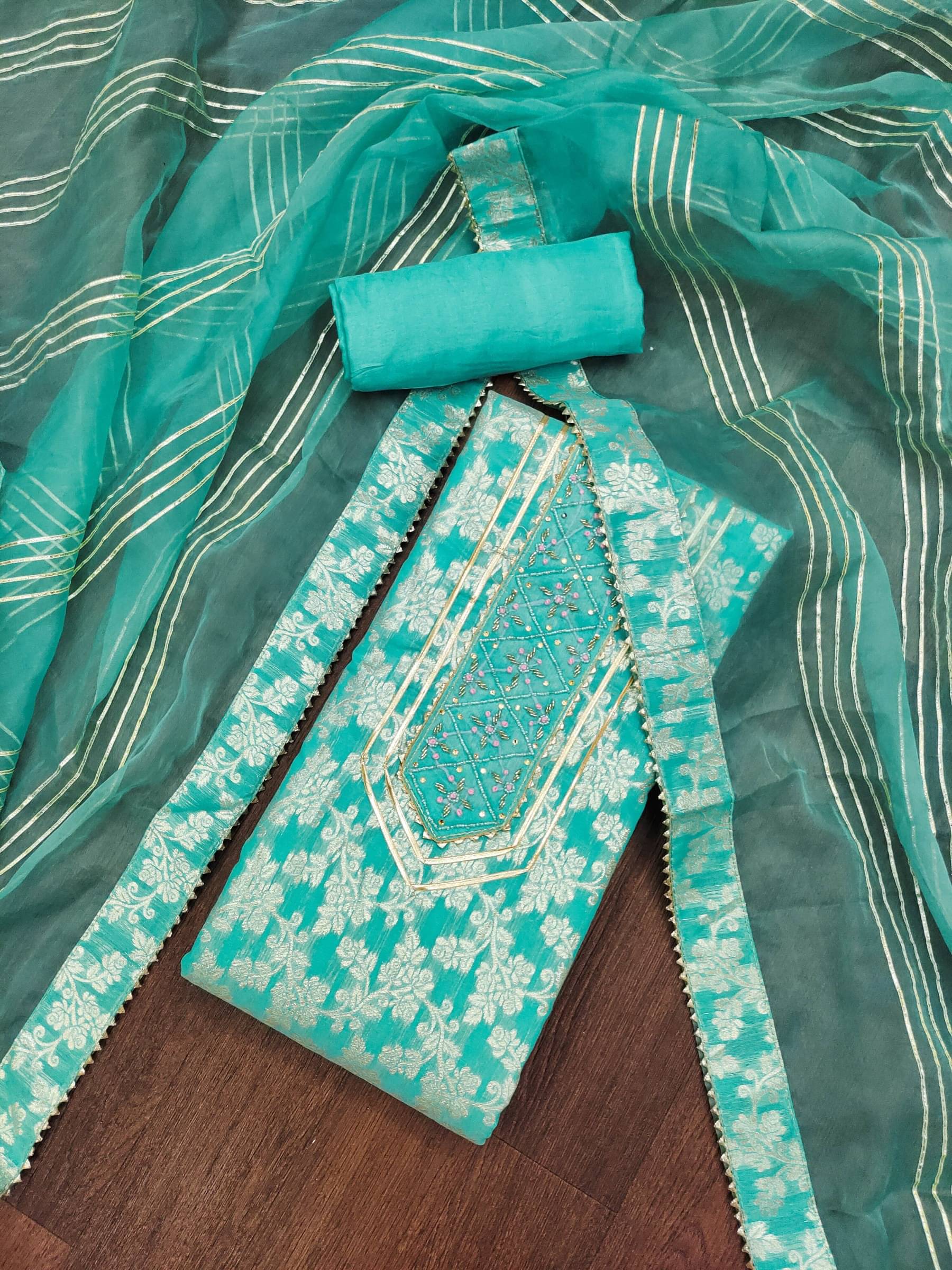     			Rangtulika Ethnics Unstitched Jacquard Applique Dress Material - Blue ( Pack of 1 )
