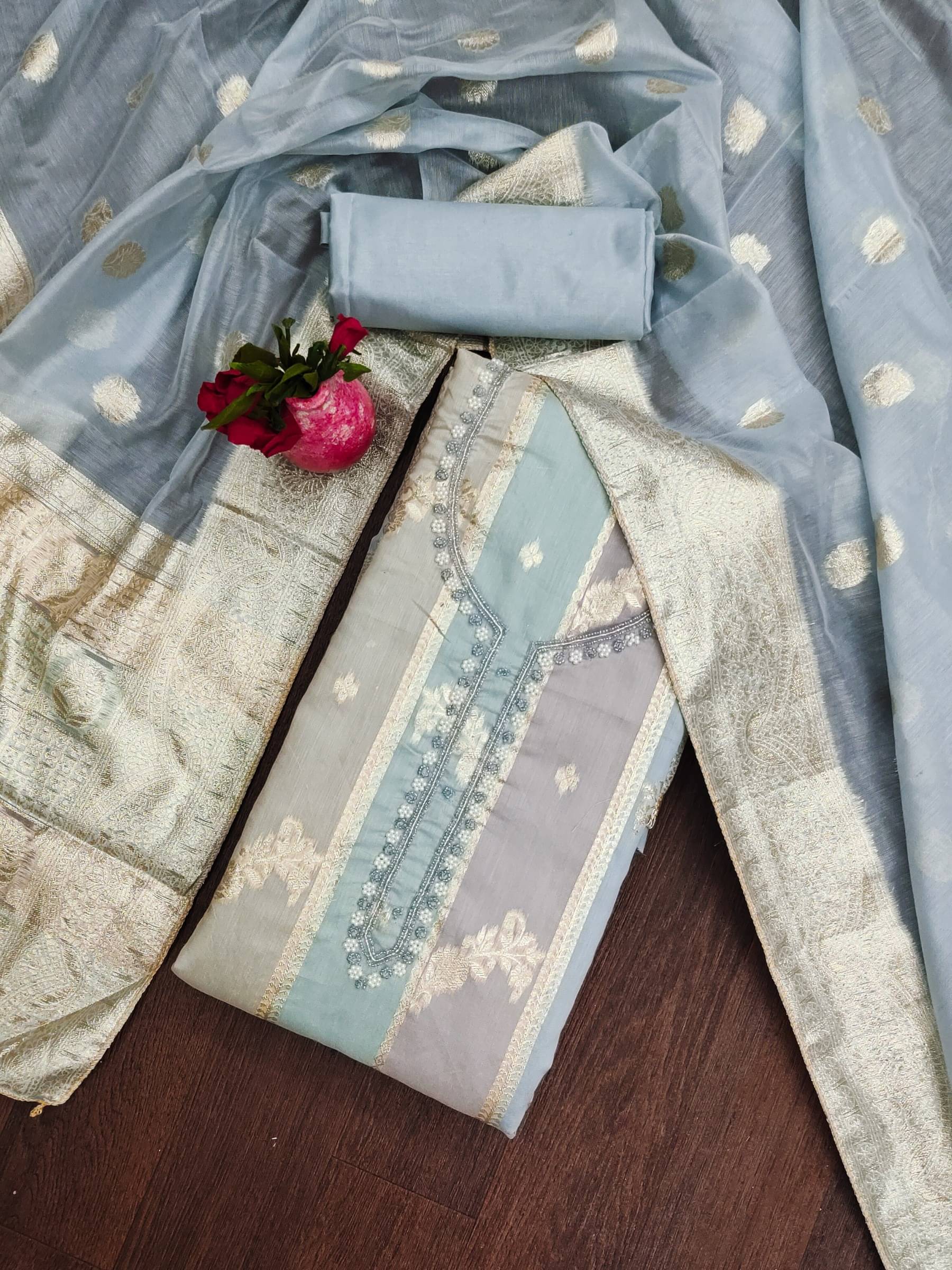 Rangtulika Ethnics Unstitched Jacquard Applique Dress Material - Grey ( Pack of 1 ) Rangtulika Ethnics Unstitched Jacquard Applique Dress Material - Grey ( Pack of 1 )