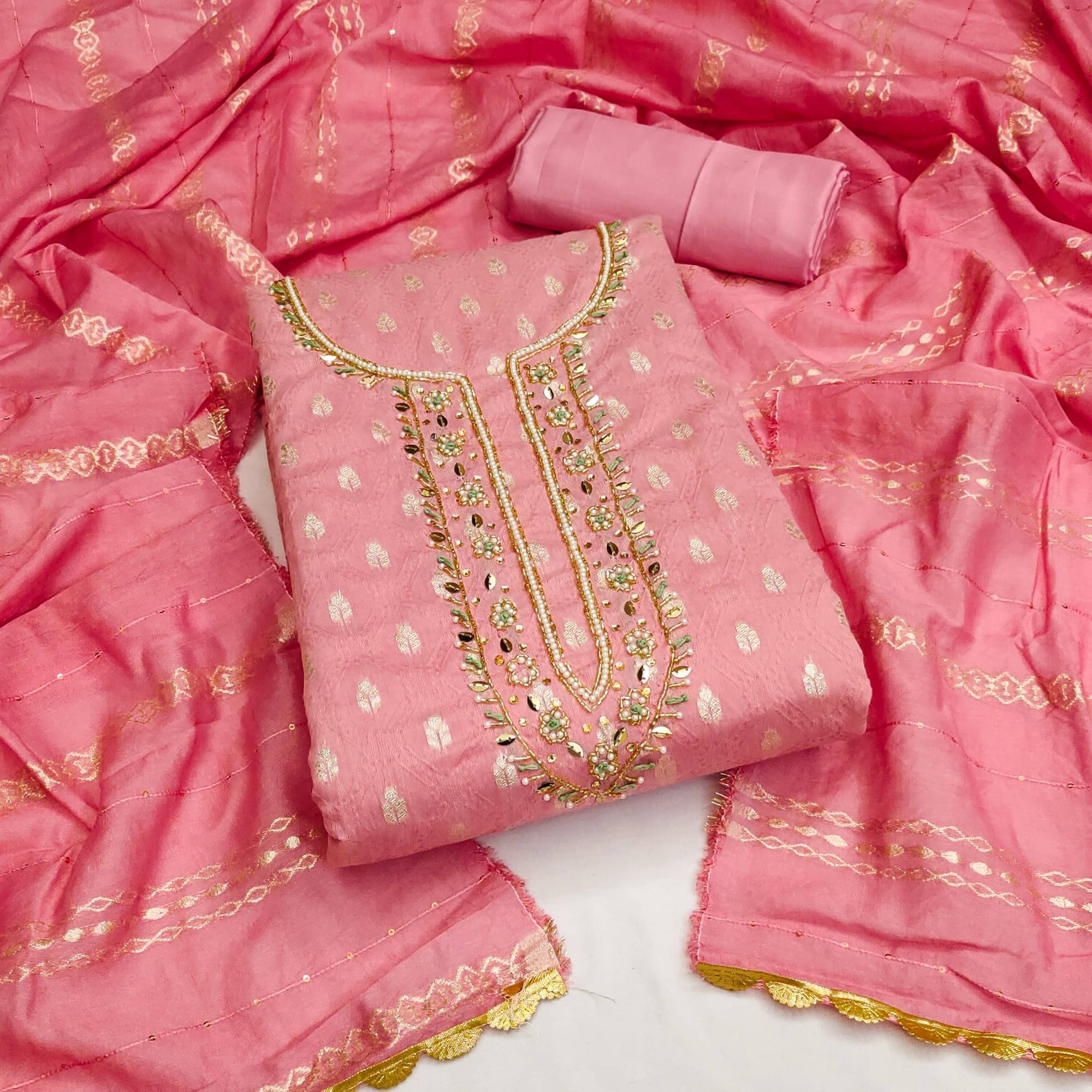     			Rangtulika Ethnics Unstitched Jacquard Applique Dress Material - Pink ( Pack of 1 )