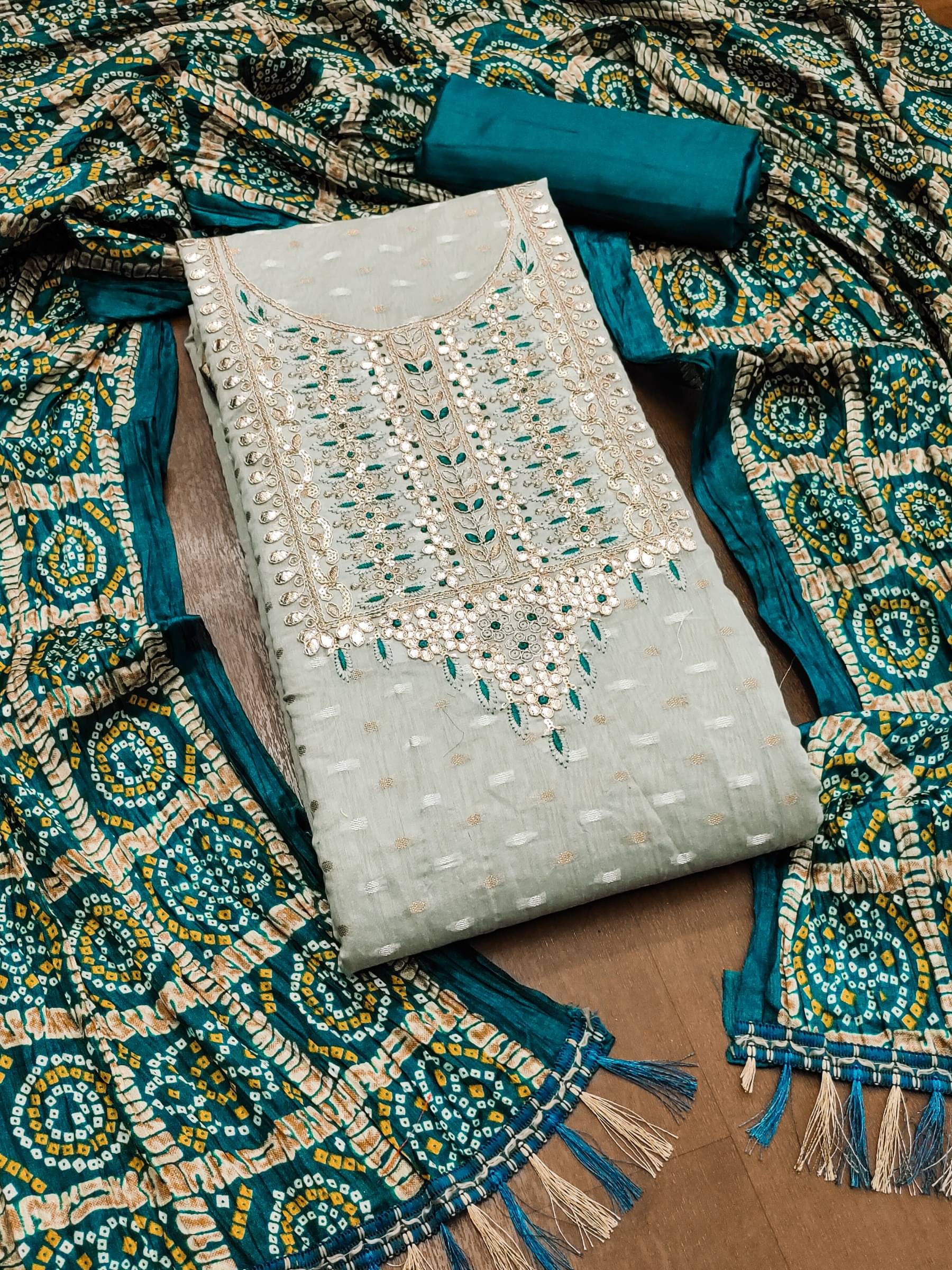 Rangtulika Ethnics Unstitched Jacquard Embroidered Dress Material - Grey ( Pack of 1 )     			Rangtulika Ethnics Unstitched Jacquard Embroidered Dress Material - Grey ( Pack of 1 )