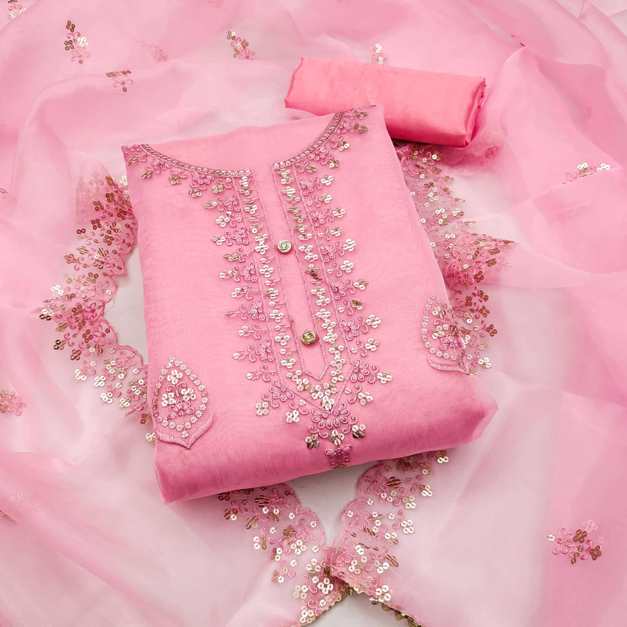 Rangtulika Ethnics Unstitched Organza Applique Dress Material - Pink ( Pack of 1 ) - Unstitched Fabrics | Buy online on ZillyBuy