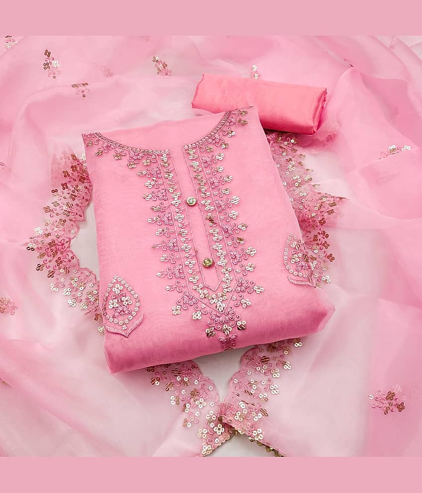 Rangtulika Ethnics Unstitched Organza Applique Dress Material - Pink ( Pack of 1 ) - Unstitched Fabrics | Buy online on ZillyBuy