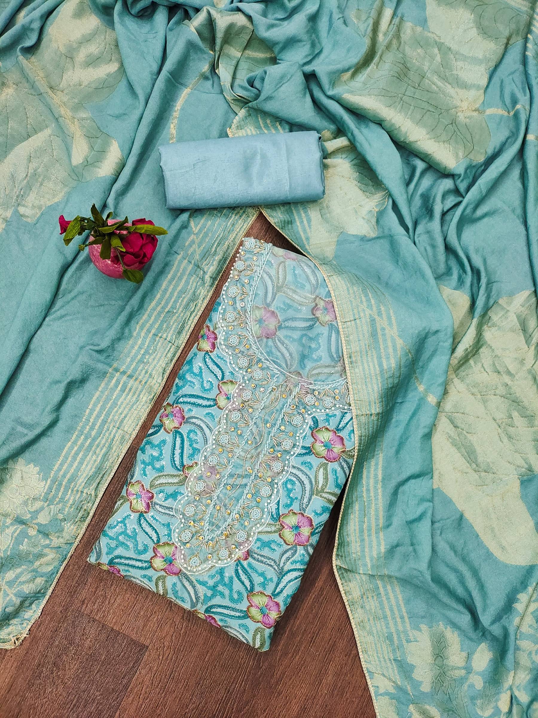 Rangtulika Ethnics Unstitched Organza Applique Dress Material - Blue ( Pack of 1 )     			Rangtulika Ethnics Unstitched Organza Applique Dress Material - Blue ( Pack of 1 )