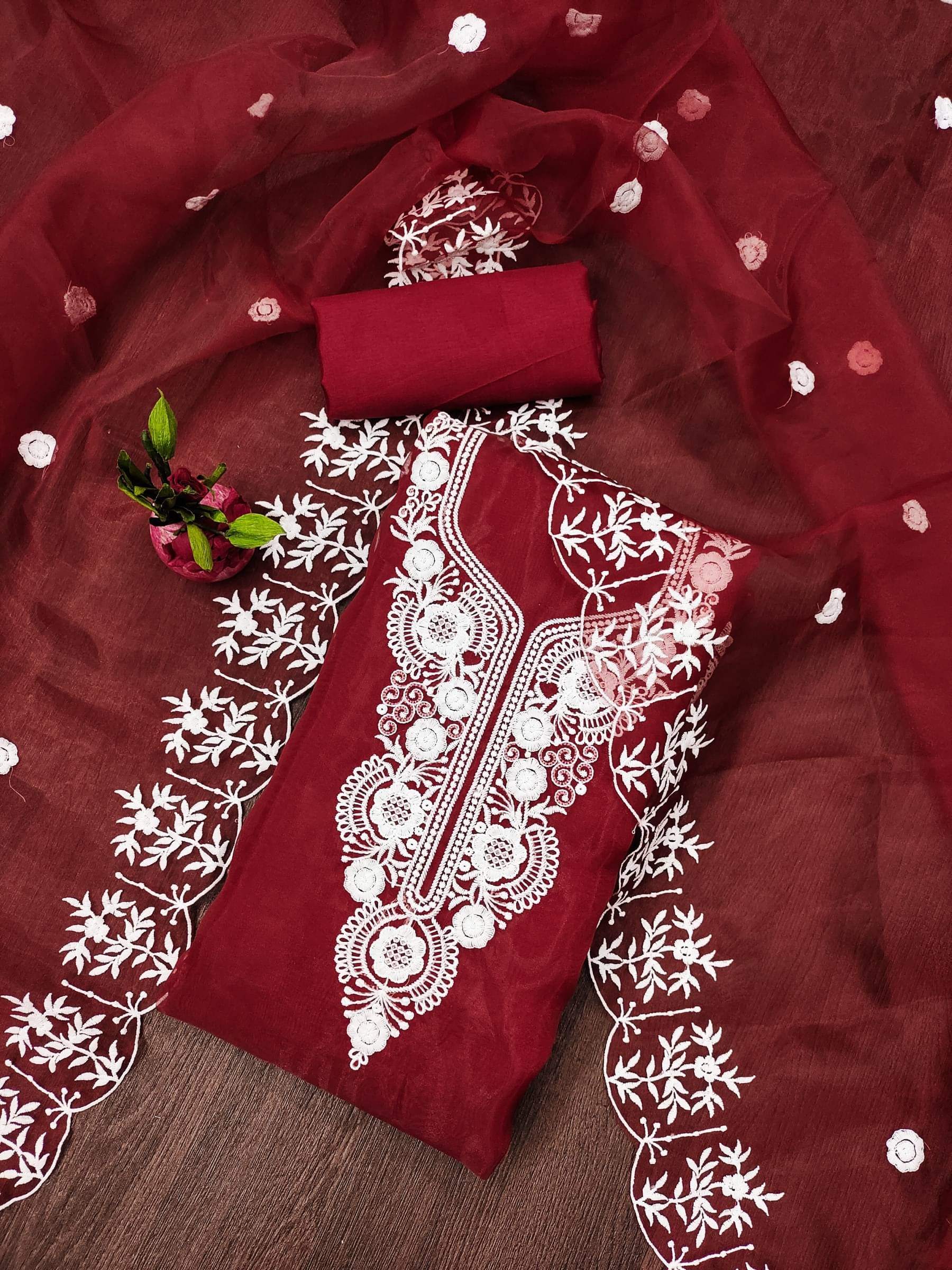     			Rangtulika Ethnics Unstitched Organza Embroidered Dress Material - Red ( Pack of 1 )