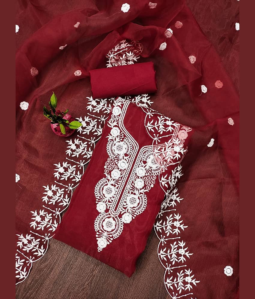 Rangtulika Ethnics Unstitched Organza Embroidered Dress Material - Red ( Pack of 1 ) - Unstitched Fabrics | Buy online on ZillyBuy