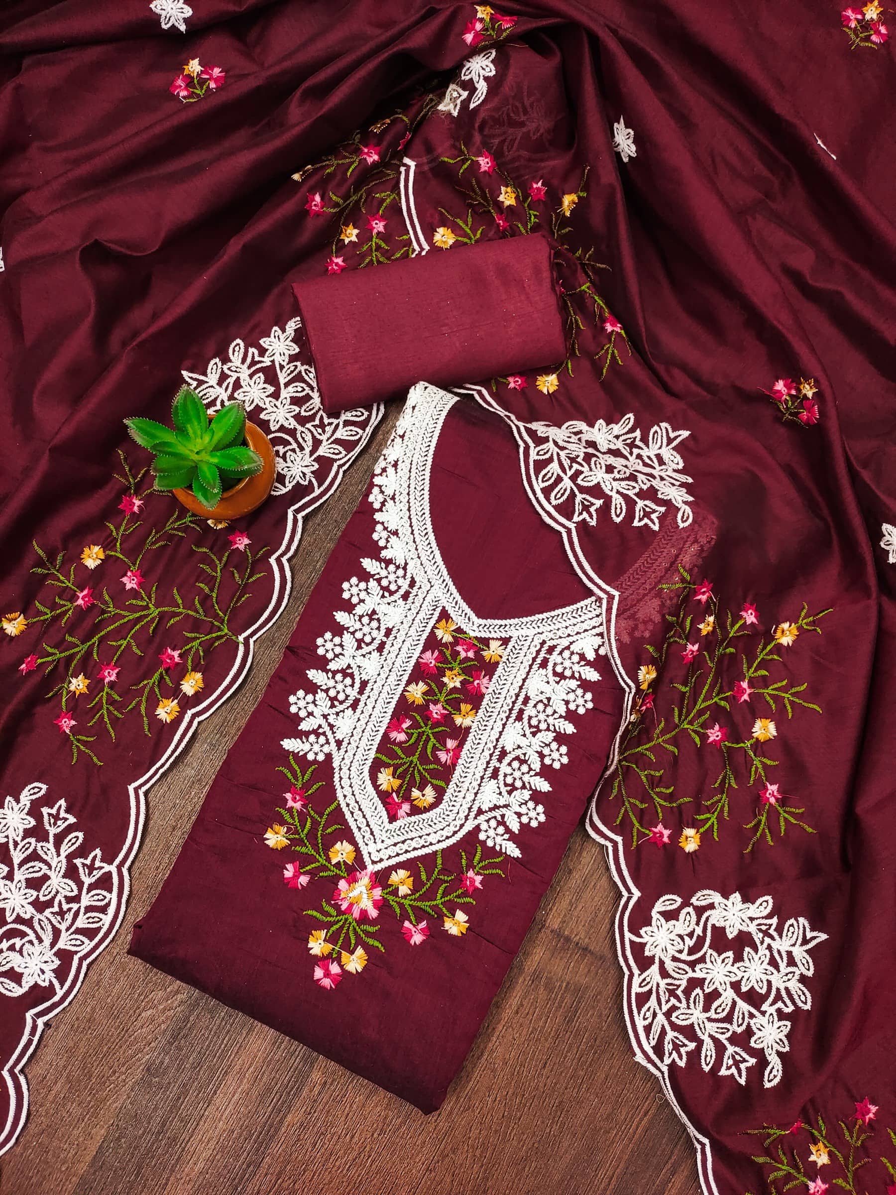 Rangtulika Ethnics Unstitched Organza Embroidered Dress Material - Maroon ( Pack of 1 ) - Unstitched Fabrics | Buy online on ZillyBuy