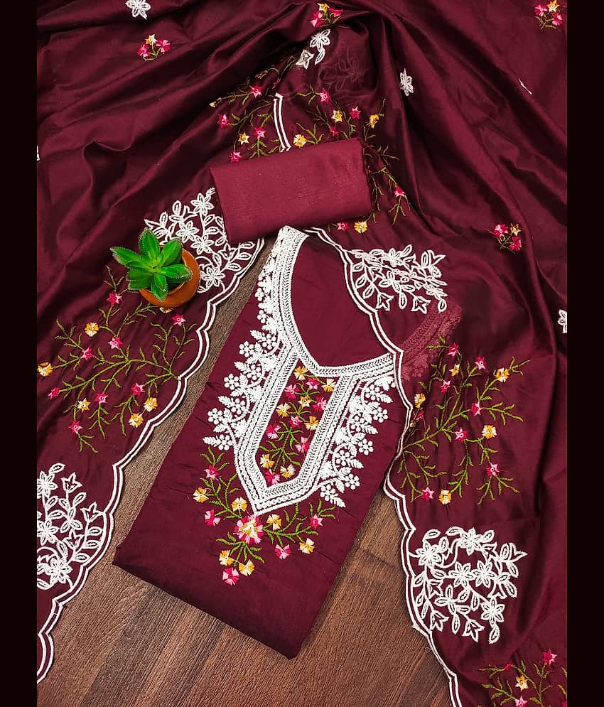 Rangtulika Ethnics Unstitched Organza Embroidered Dress Material - Maroon ( Pack of 1 ) - Unstitched Fabrics | Buy online on ZillyBuy