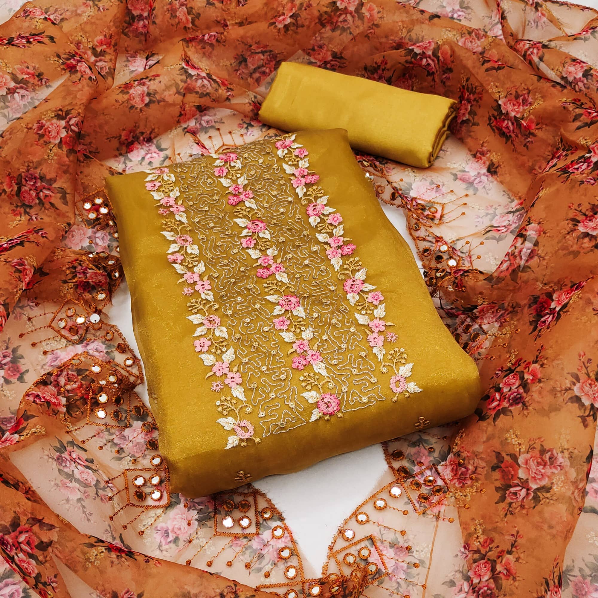 Rangtulika Ethnics Unstitched Organza Embroidered Dress Material - Yellow ( Pack of 1 ) - Unstitched Fabrics | Buy online on ZillyBuy