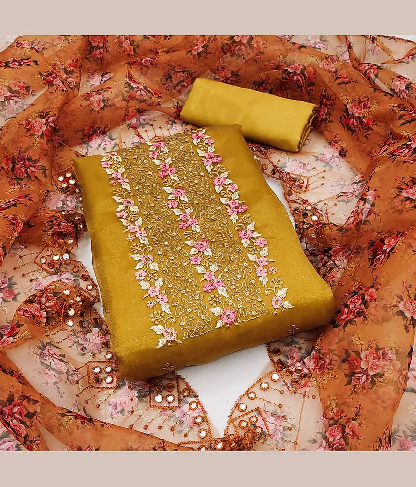 Rangtulika Ethnics Unstitched Organza Embroidered Dress Material - Yellow ( Pack of 1 ) - Unstitched Fabrics | Buy online on ZillyBuy