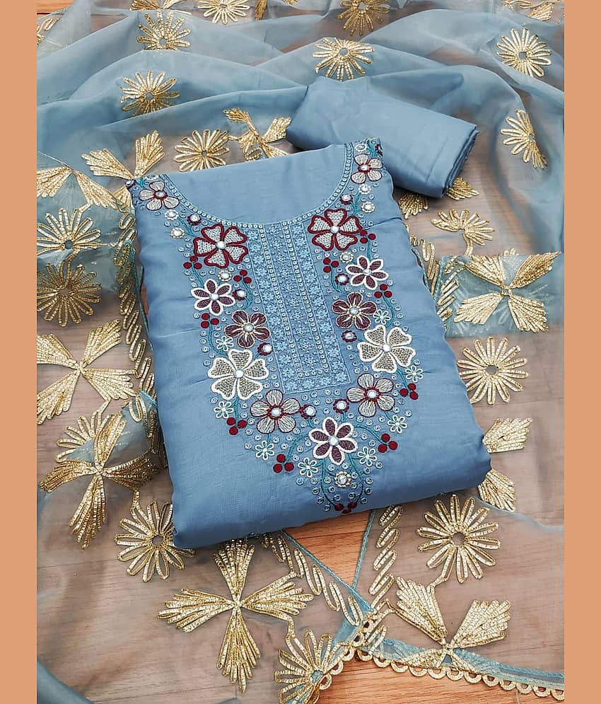 Rangtulika Ethnics Unstitched Organza Embroidered Dress Material - Blue ( Pack of 1 ) - Unstitched Fabrics | Buy online on ZillyBuy