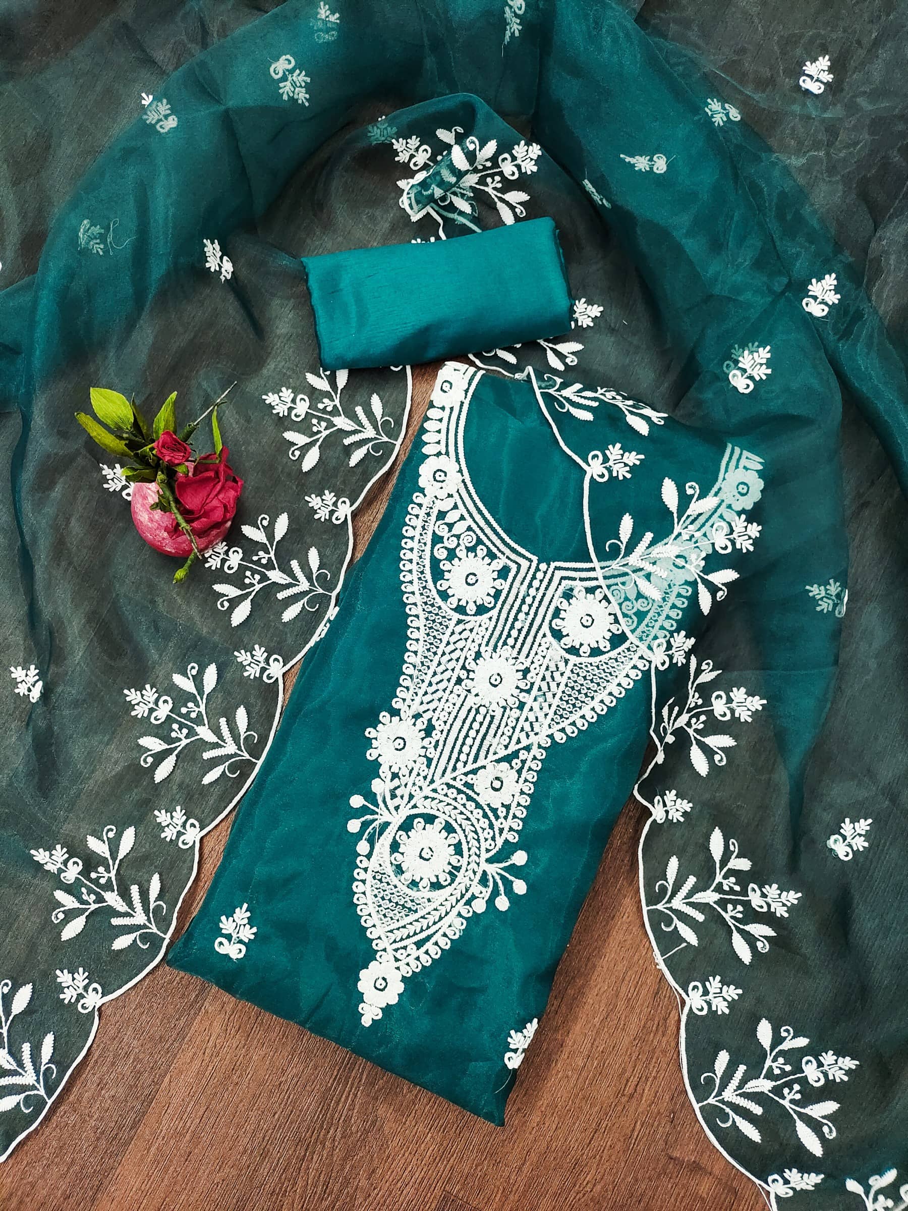 Rangtulika Ethnics Unstitched Organza Embroidered Dress Material - Teal ( Pack of 1 ) - Unstitched Fabrics | Buy online on ZillyBuy