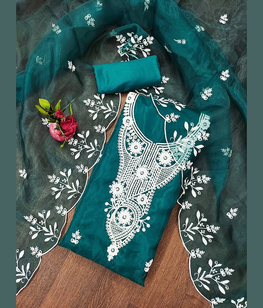 Rangtulika Ethnics Unstitched Organza Embroidered Dress Material - Teal ( Pack of 1 ) - Unstitched Fabrics | Buy online on ZillyBuy