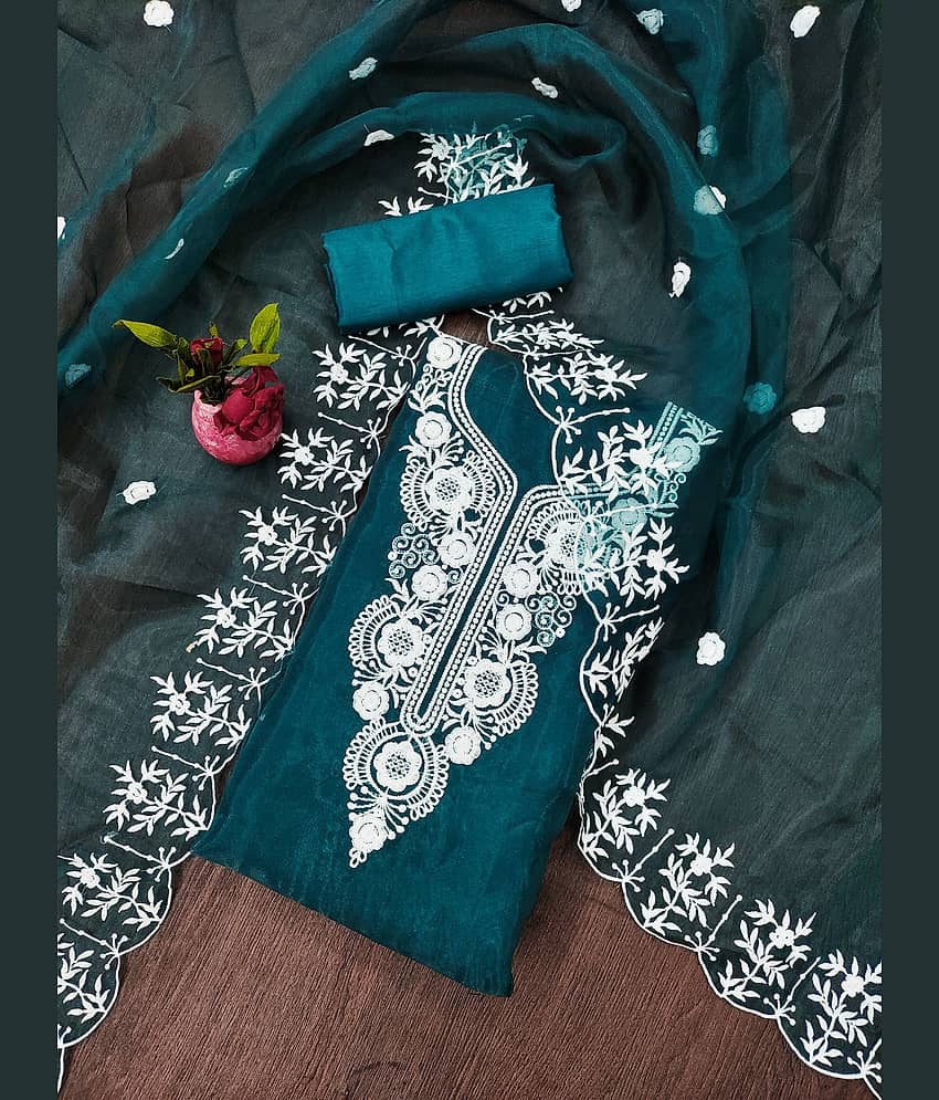 Rangtulika Ethnics Unstitched Organza Embroidered Dress Material - Teal ( Pack of 1 ) - Unstitched Fabrics | Buy online on ZillyBuy