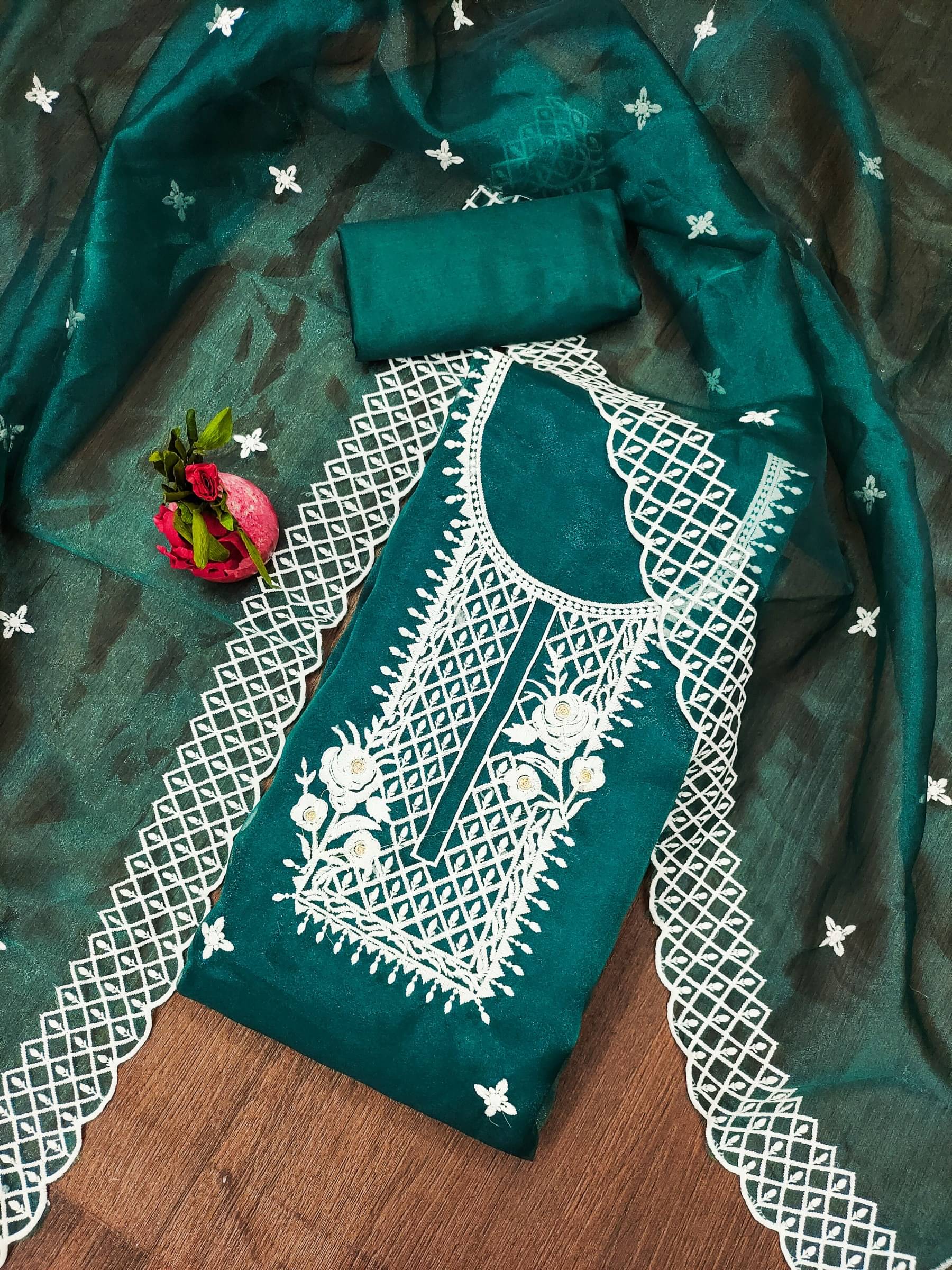 Rangtulika Ethnics Unstitched Organza Embroidered Dress Material - Teal ( Pack of 1 )     			Rangtulika Ethnics Unstitched Organza Embroidered Dress Material - Teal ( Pack of 1 )