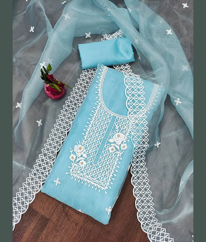Rangtulika Ethnics Unstitched Organza Embroidered Dress Material - Blue ( Pack of 1 ) - Unstitched Fabrics | Buy online on ZillyBuy