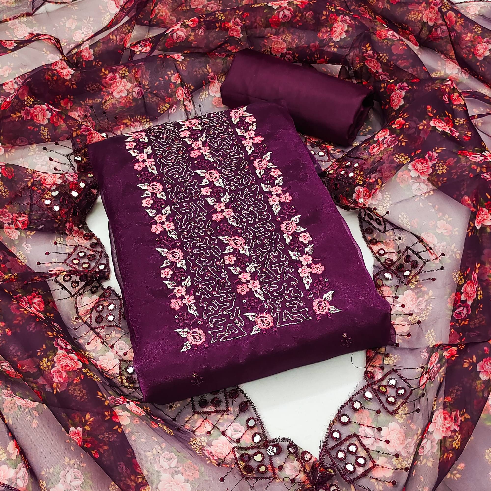     			Rangtulika Ethnics Unstitched Organza Embroidered Dress Material - Purple ( Pack of 1 )
