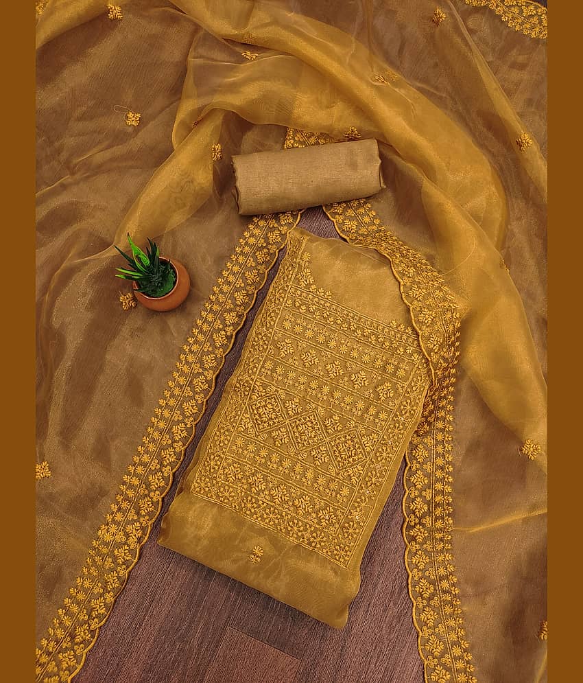Rangtulika Ethnics Unstitched Organza Embroidered Dress Material - Orange ( Pack of 1 ) - Unstitched Fabrics | Buy online on ZillyBuy