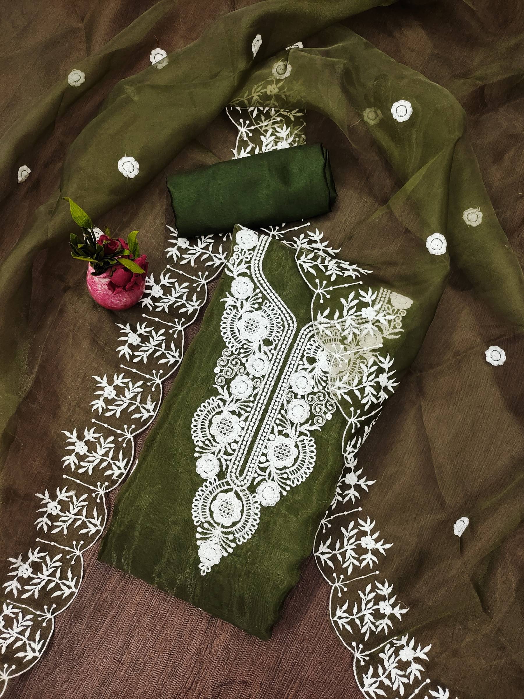     			Rangtulika Ethnics Unstitched Organza Embroidered Dress Material - Olive ( Pack of 1 )