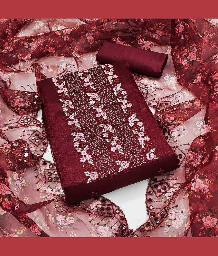 Rangtulika Ethnics Unstitched Organza Embroidered Dress Material - Maroon ( Pack of 1 ) - Unstitched Fabrics | Buy online on ZillyBuy