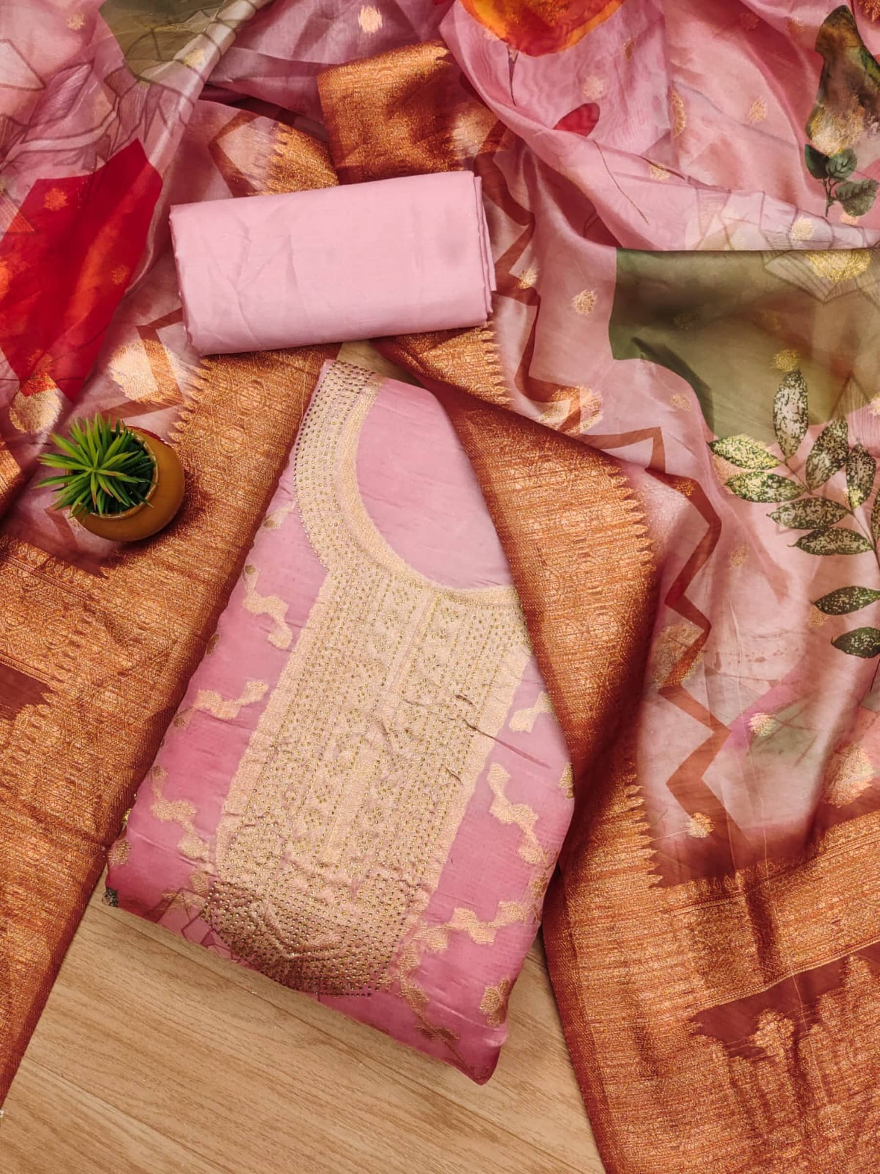 Rangtulika Ethnics Unstitched Organza Embroidered Dress Material - Pink ( Pack of 1 ) - Unstitched Fabrics | Buy online on ZillyBuy