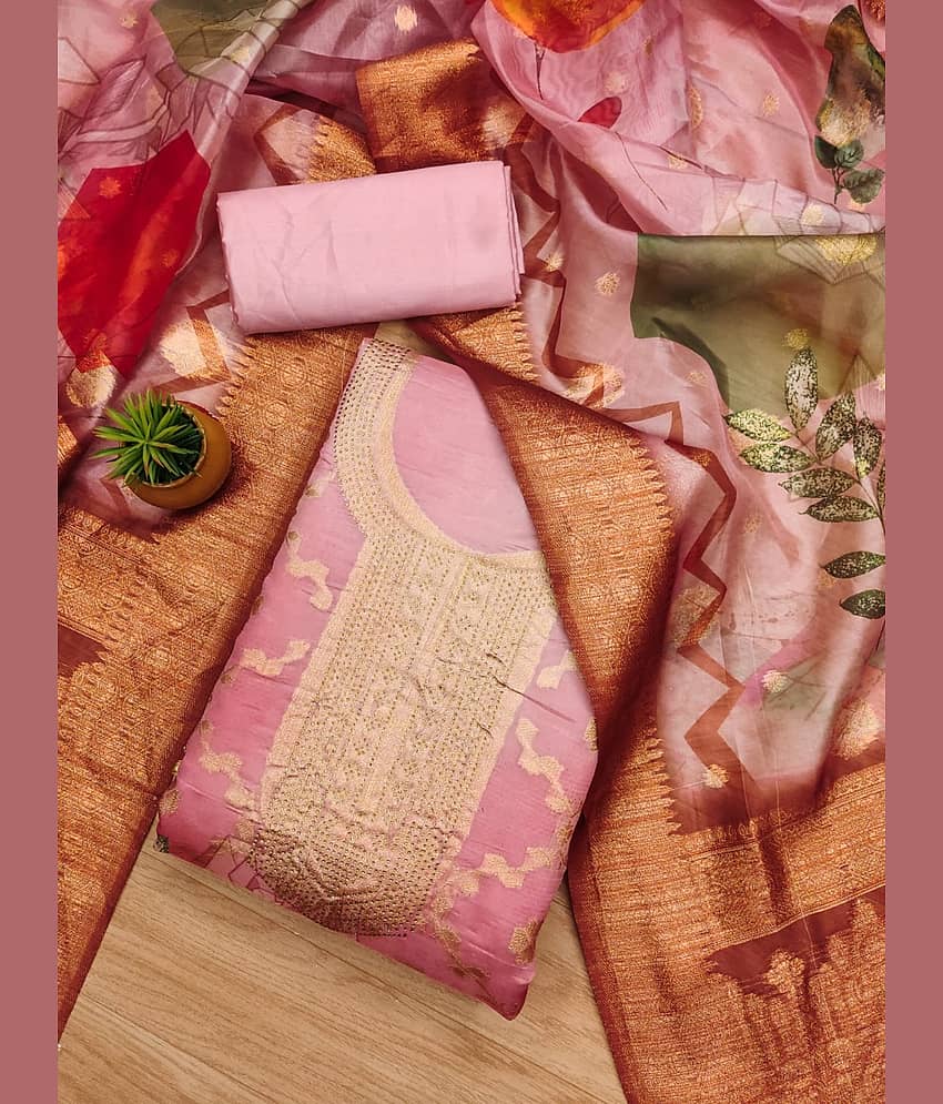 Rangtulika Ethnics Unstitched Organza Embroidered Dress Material - Pink ( Pack of 1 ) - Unstitched Fabrics | Buy online on ZillyBuy