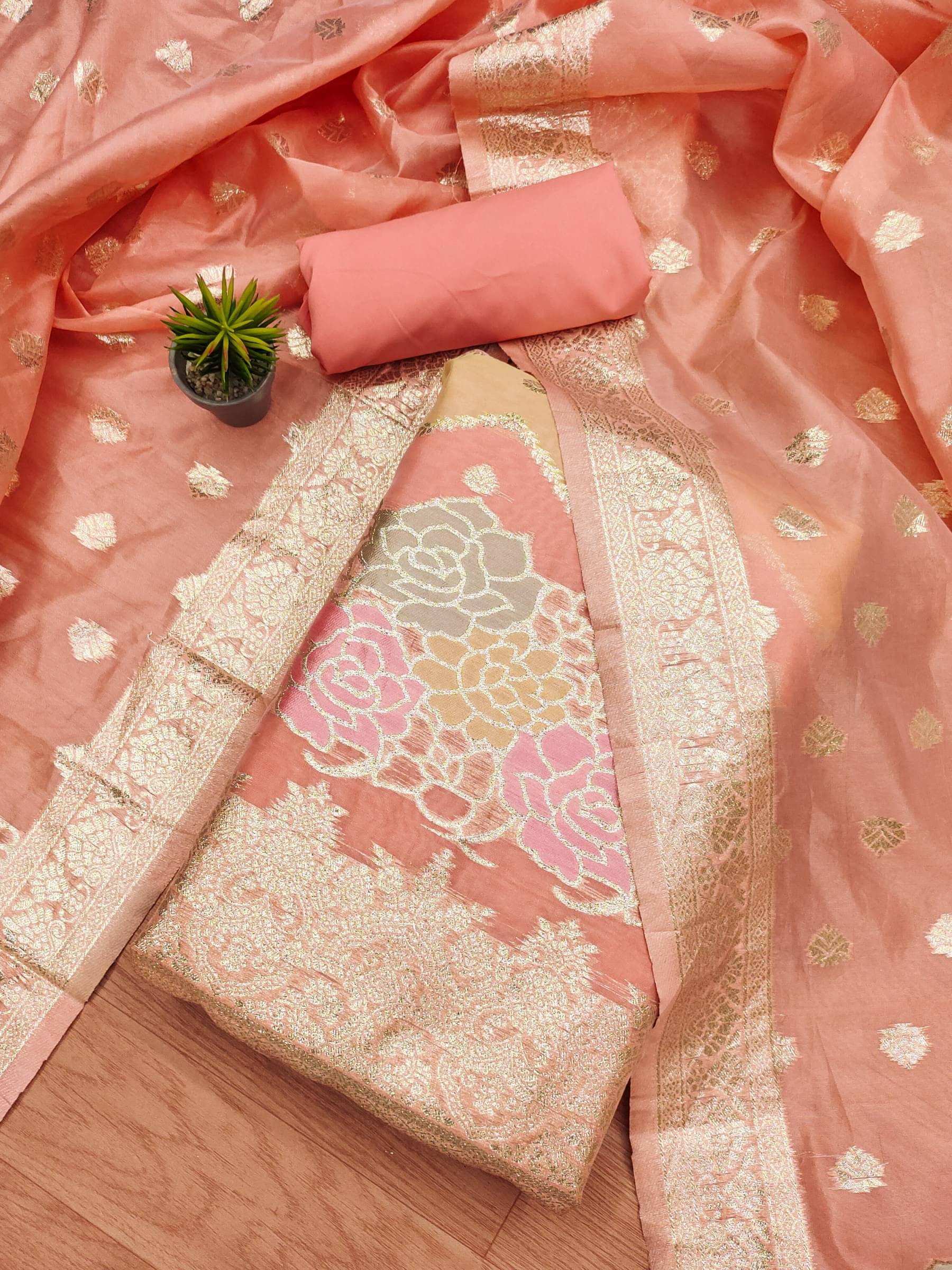     			Rangtulika Ethnics Unstitched Organza Self Design Dress Material - Peach ( Pack of 1 )
