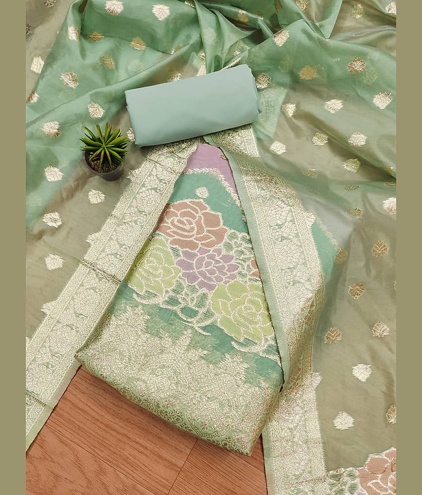 Rangtulika Ethnics Unstitched Organza Self Design Dress Material - Green ( Pack of 1 ) - Unstitched Fabrics | Buy online on ZillyBuy