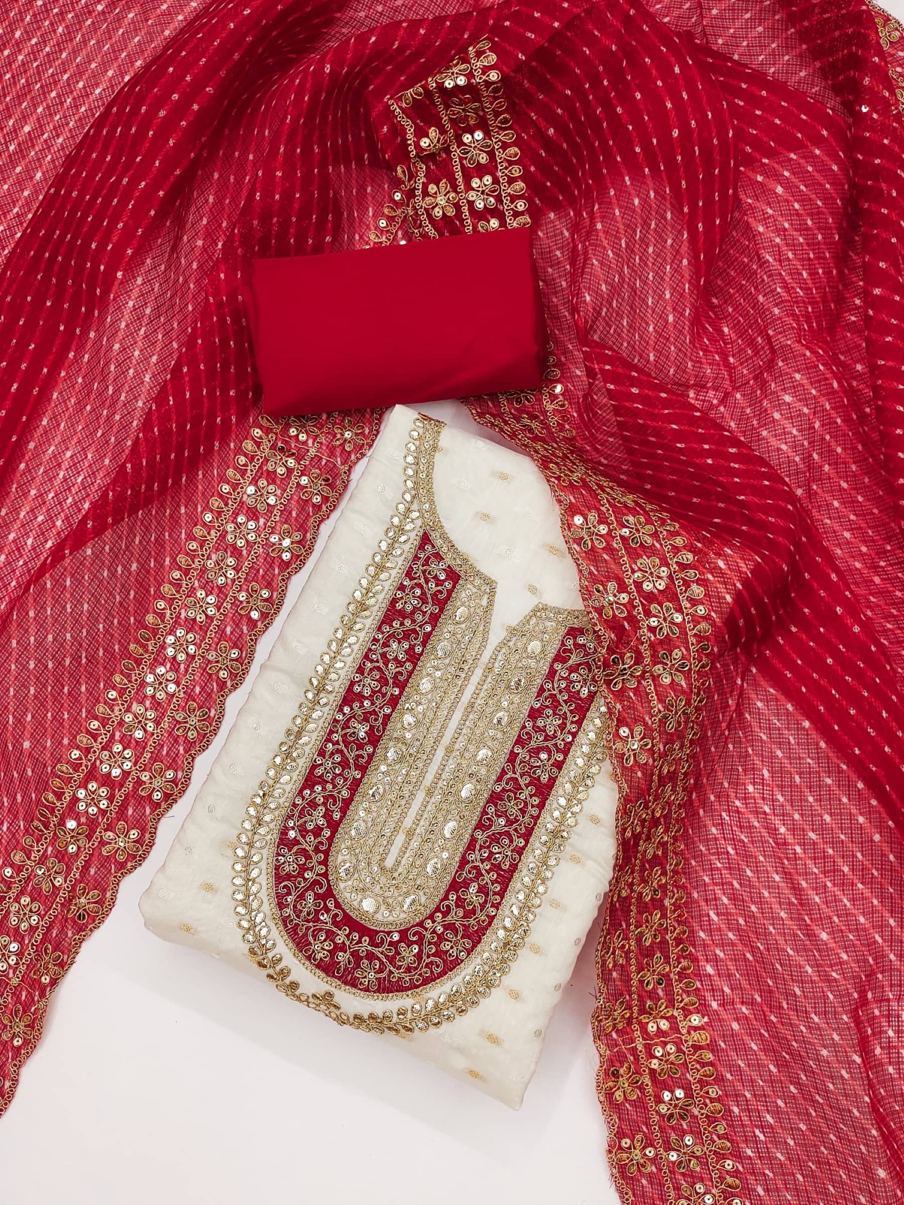 Rangtulika Ethnics Unstitched Silk Blend Embroidered Dress Material - White ( Pack of 1 ) - Unstitched Fabrics | Buy online on ZillyBuy
